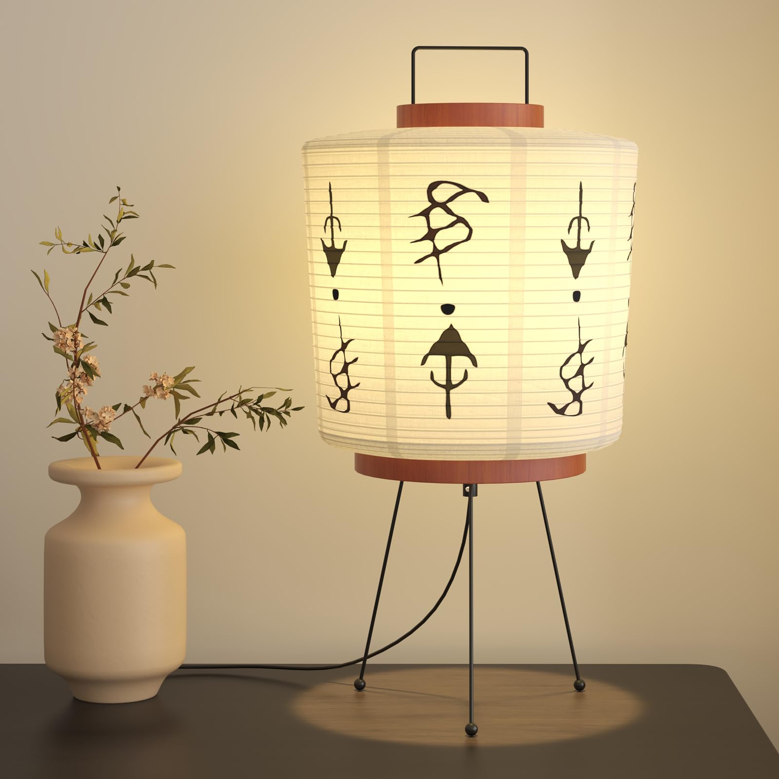 Tacahe Handmade Akari Table Lamp - Japanese Washi Paper Lantern - E26 Socket With Inline Cord Switch - 3 Color Temperature Bulb Included - Japandi Style Ambient Light - 21" Height