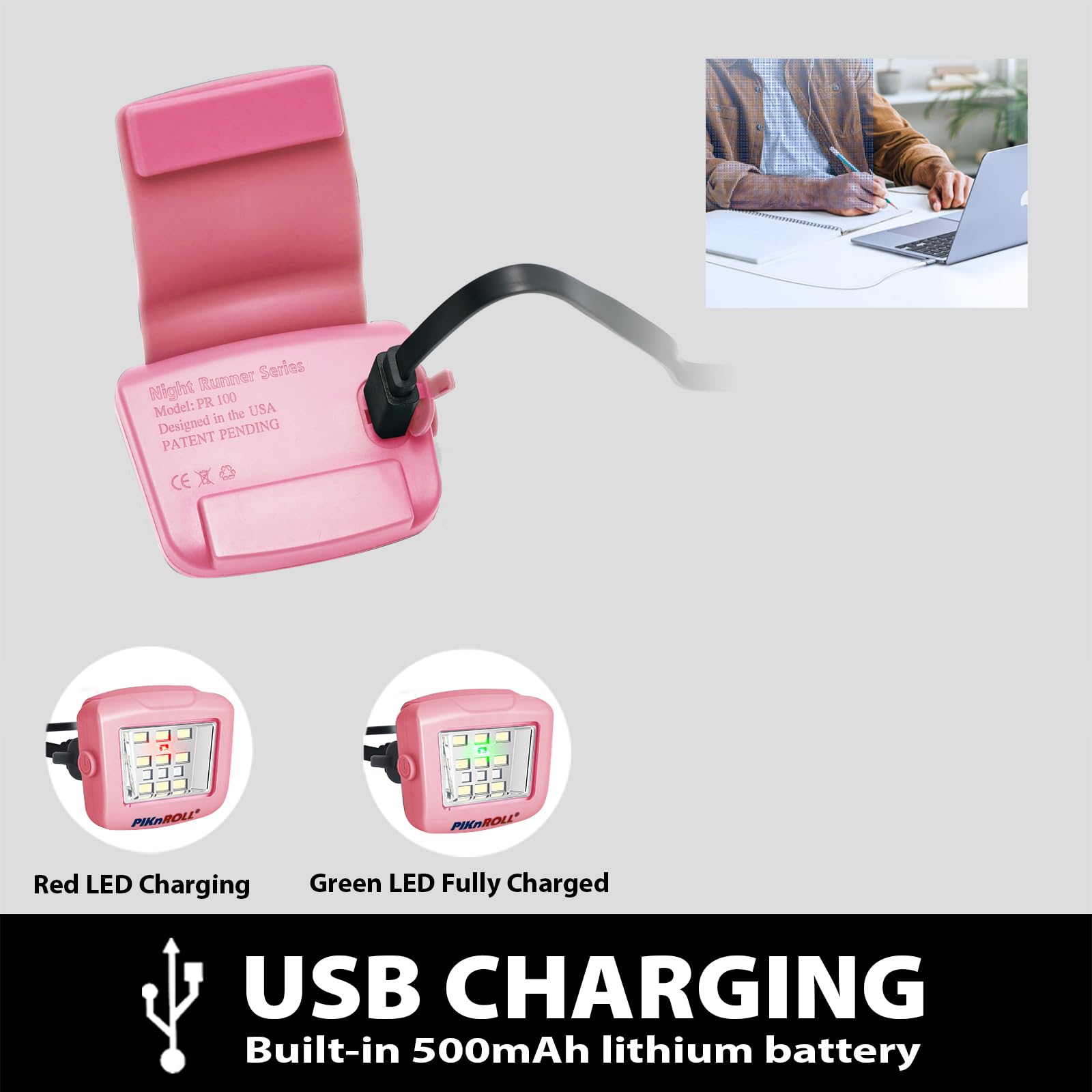Piknroll Running Lights, Waterproof Led Clip-On Light, 300 Lumens, Usb Rechargeable, Suitable For Hiking, Running, Biking, Walking Dog, Car Repair, Emergency(2Pcs,Pink)