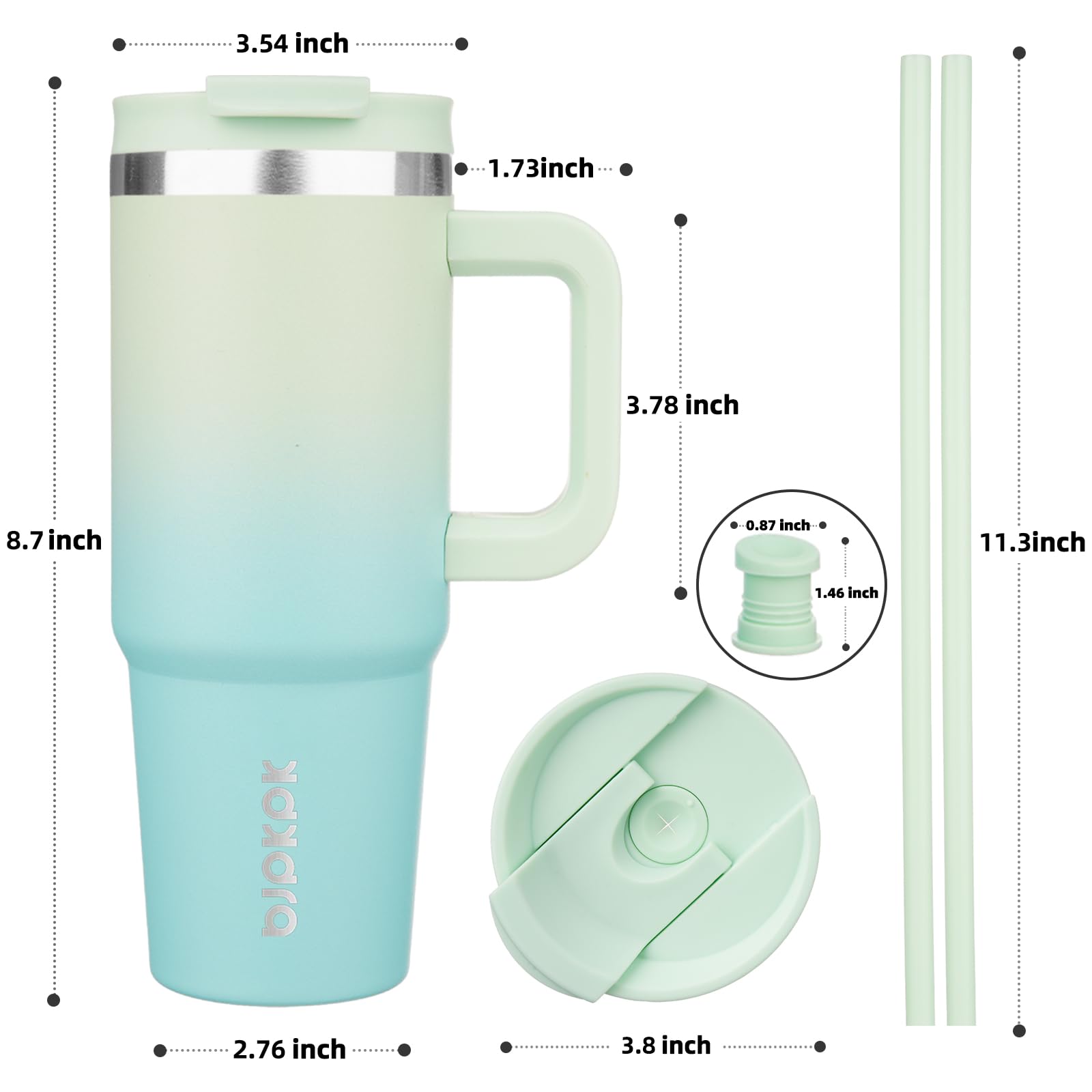 Stylish BJPKPK insulated tumbler, 30oz capacity, mint stainless steel with handle, straw, and lid for drinks
