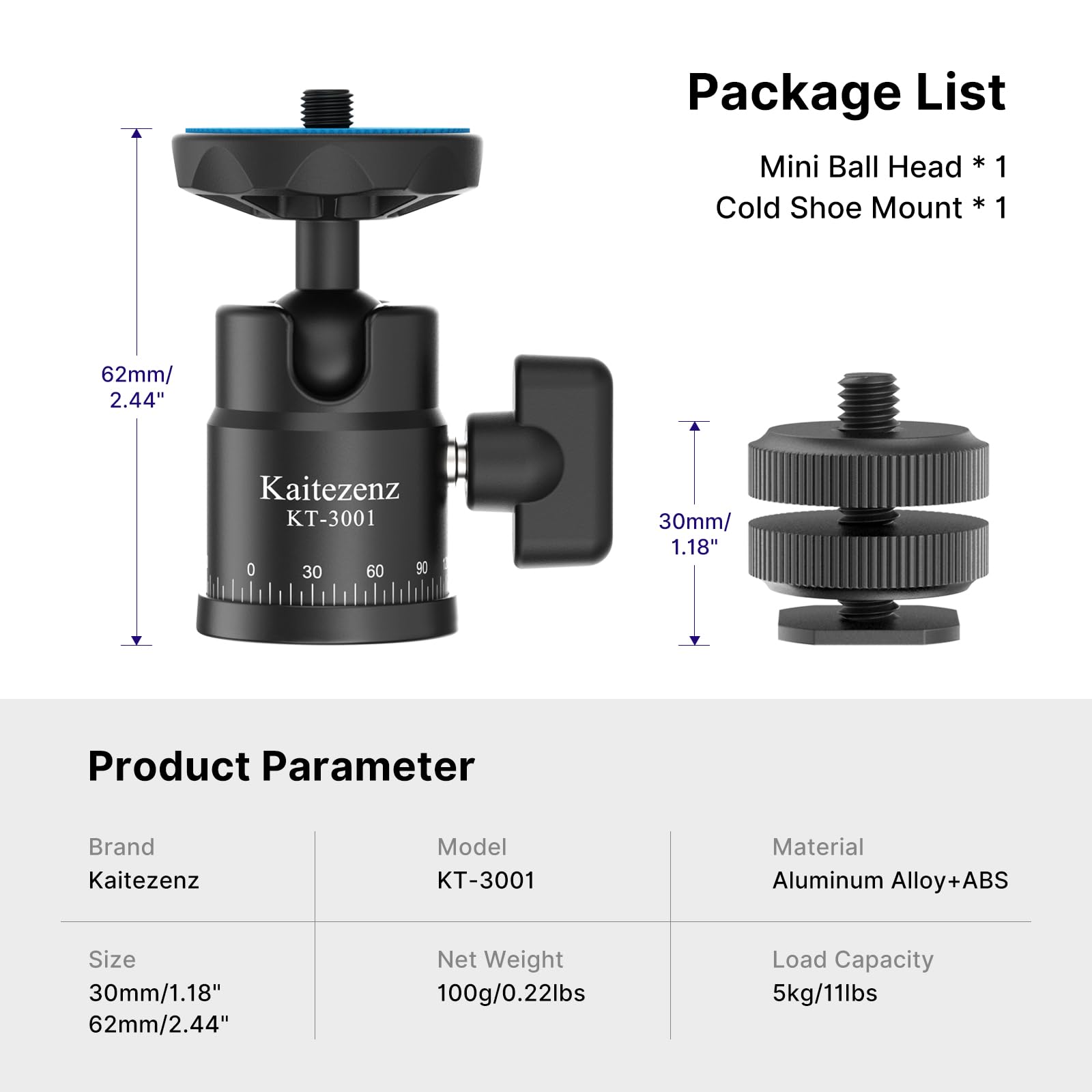 Kaitezenz Mini Ball Head, Panoramic Camera Tripod Head With 1/4" Screw And Dual Hot Shoe Mount, 360 Rotatable Metal Adapter For Dslr Camera Tripods Monopods Camcorder Light Microphone, Max Load 5.5Lbs