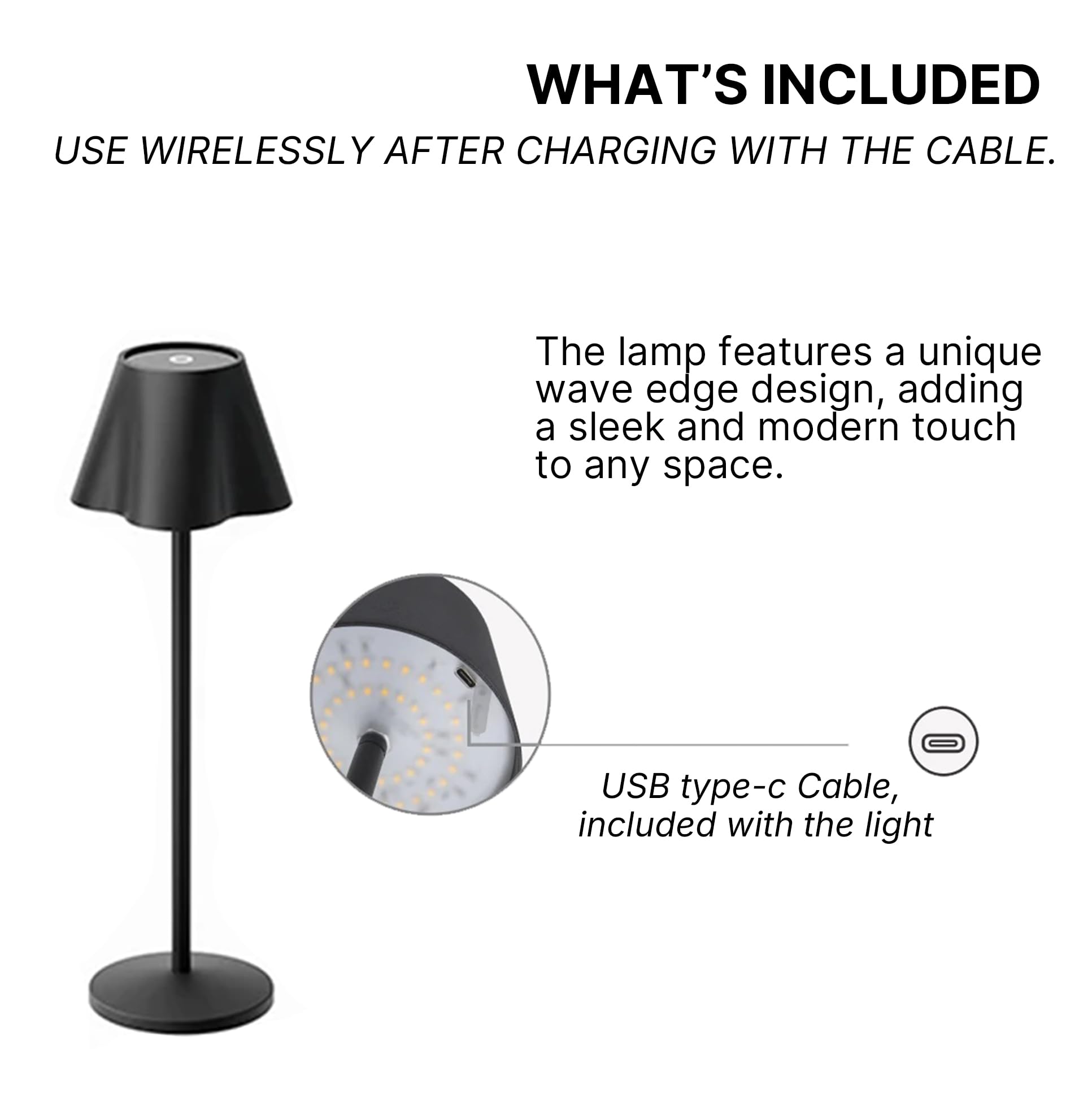 La Luz Lamps 13.5” Cordless Led Table Lamp – Modern Touch Dimmable Light With Usb-C Charging – Rechargeable Battery Powered Lamp For Bedroom, Living Room, Desk, Or Patio (Black)