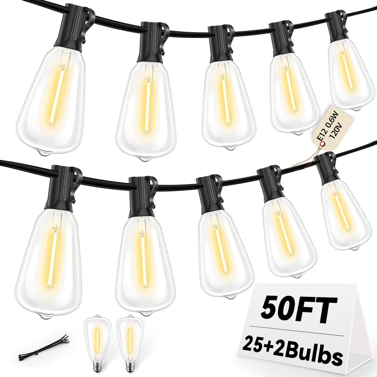 Hobbynors St38 50Ft Led Outdoor String Lights With 25+2 Spare Bulbs, E12 Socket, 2700K Warm White-For Backyard, Wedding, Camping, Porch, Deck, Gazebo, Bistro Decor