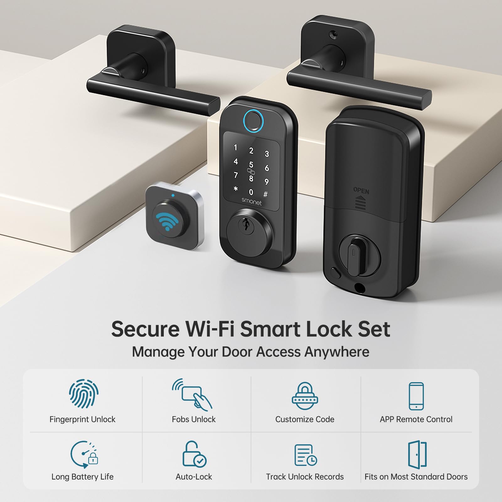 Smonet Keyless Door Lock With Handle Set - Wifi Fingerprint Smart Locks For Front Door, App Remote Control, Digital Bluetooth Keypad Deadbolt Set With Alexa, Auto Lock, Code, Fobs For Home Black