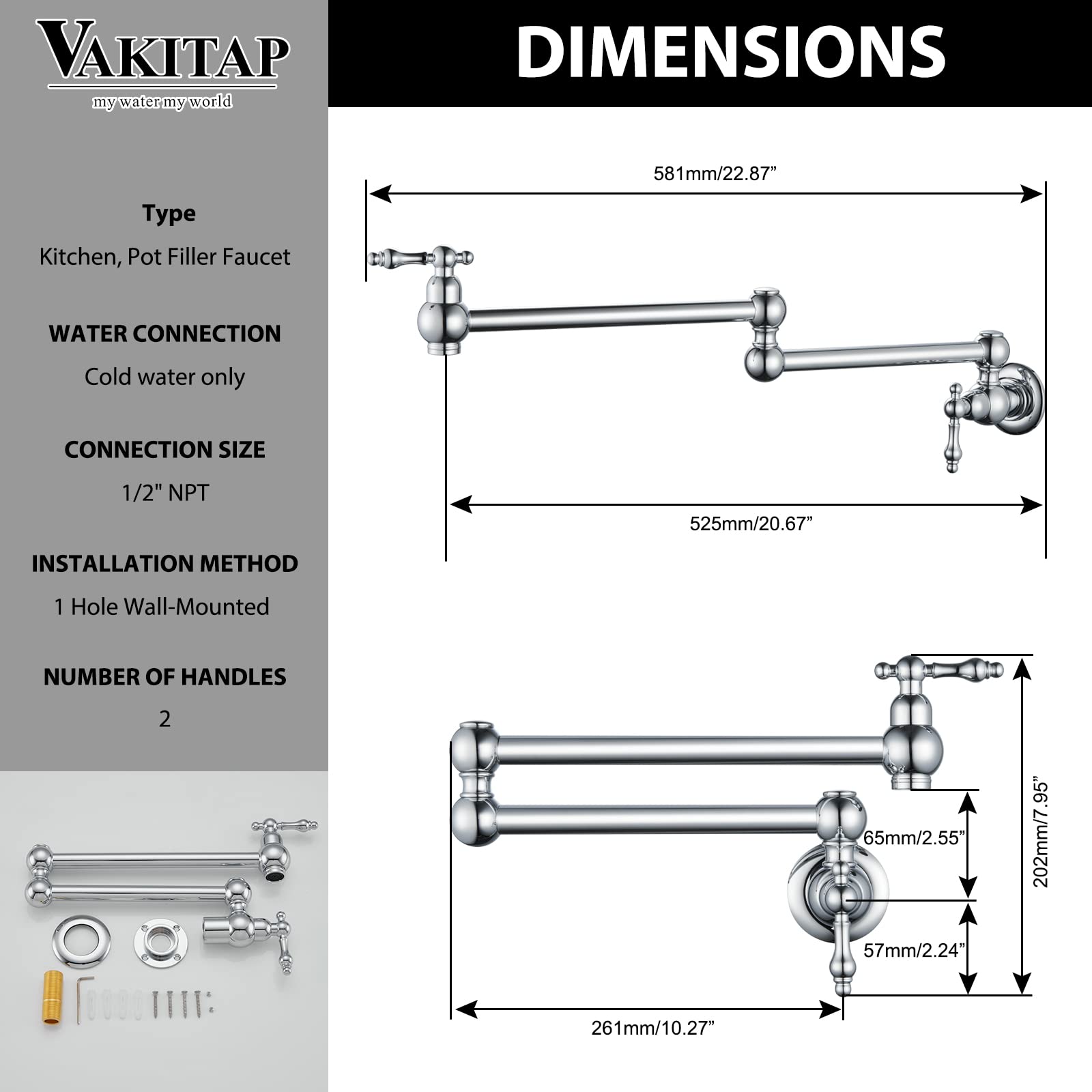 Vakitap Brass Pot Filler Faucet, Wall-Mount Pot Filler With Double Joint Swing Arm, Modern Chrome Over Stove, 3005-Ch