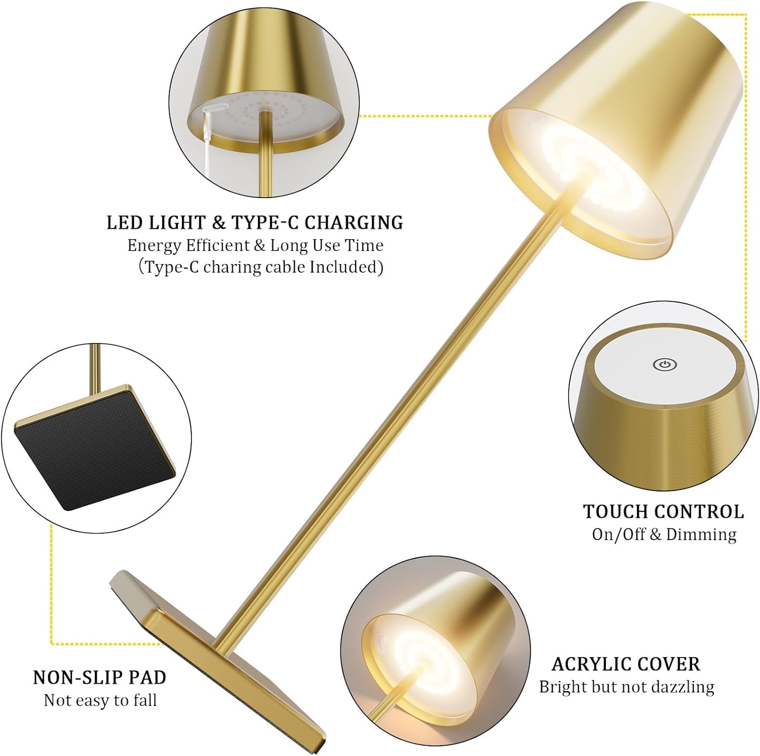Howskys 2 Pack Cordless Table Lamps, 5500Mah Battery Powered, 3000K Warm White Rechargeable, Ip54 Indoor/Outdoor (Gold)