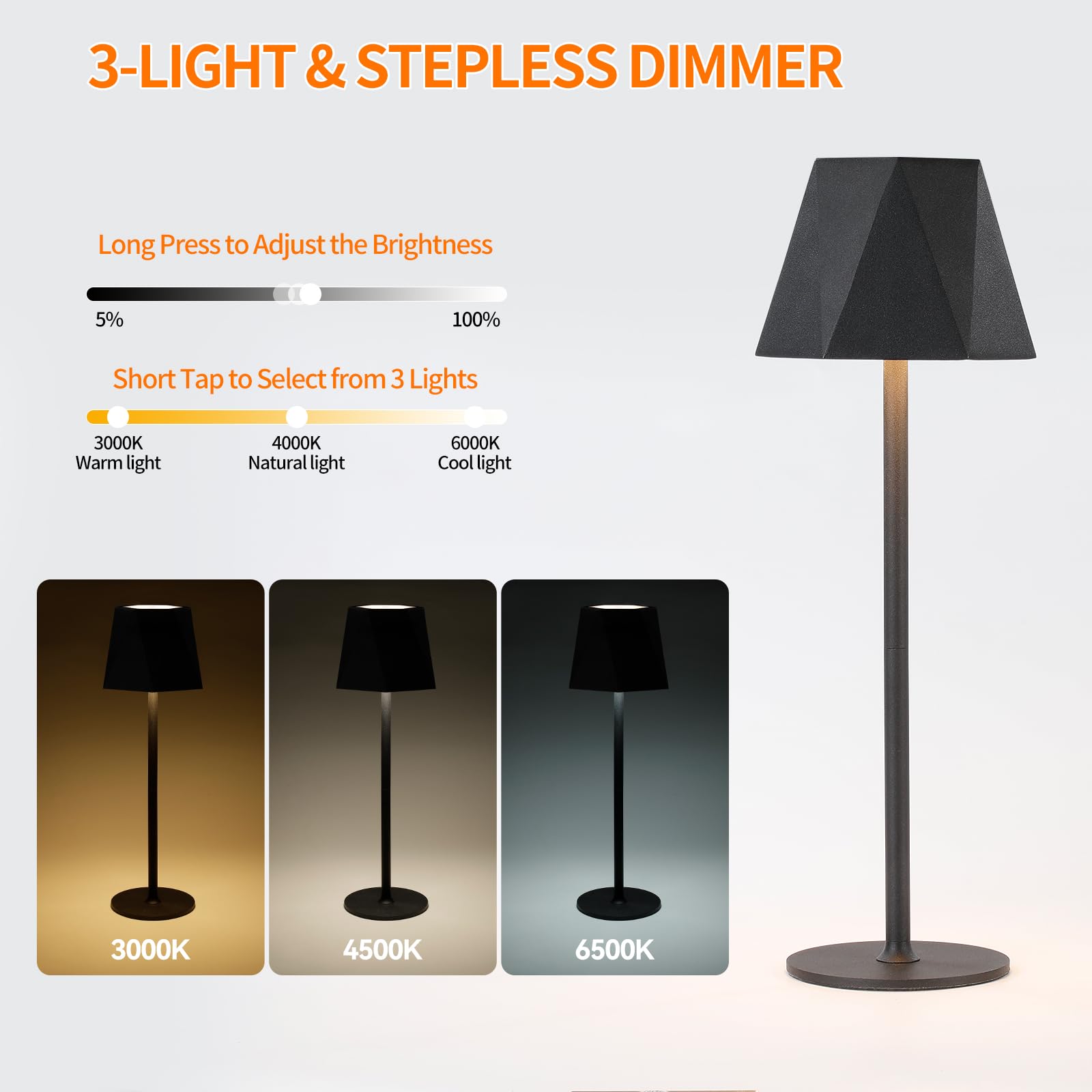 Ystarlamp Led Rechargeable Cordless Table Lamp Dimmable 3000K, 4500K, 6500K +16Rgb, Ip54 Wireless Table Light For Indoor And Outdoor, Aluminum Portable Lamp For Family, Restaurant & Bar (Black)