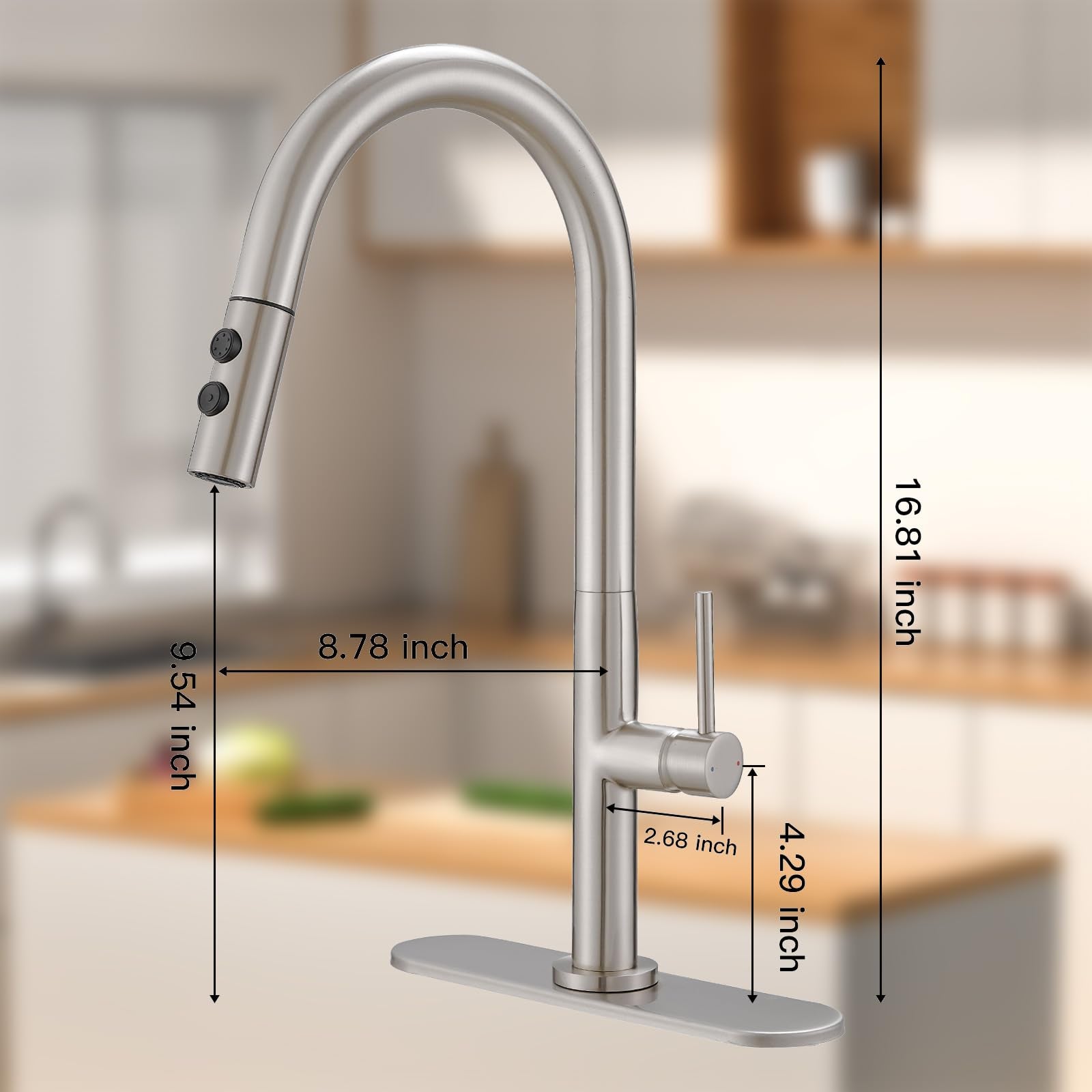 Bwe Kitchen Sink Faucet With Pull Down Sprayer High Arc Modern Kitchen Faucet Commercial Single Handle Stainless Steel Faucet For Kitchen Bar Rv With 10" Deck Plate,Brushed Nickel