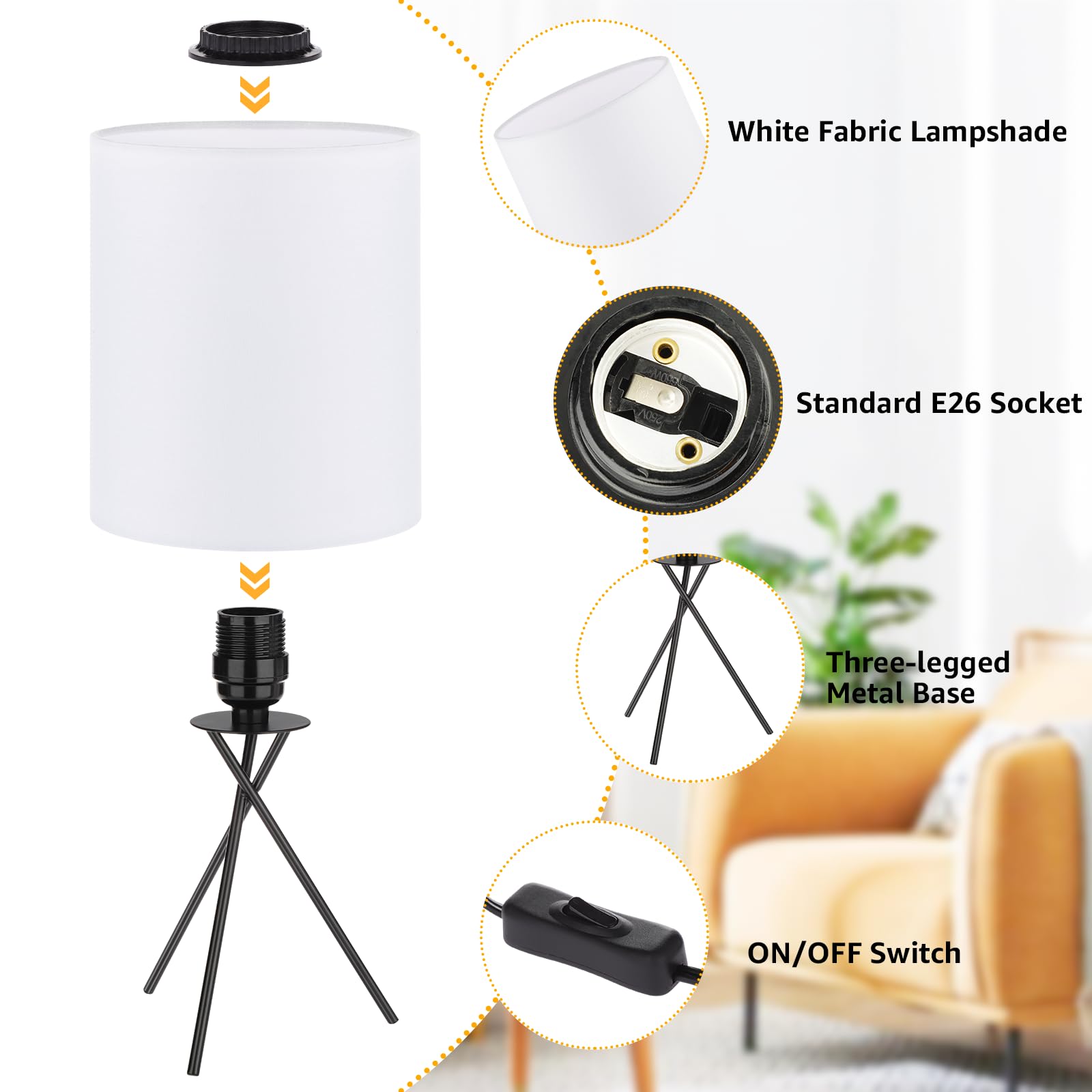 Folksmate Bedside Table Lamp With Black Metal Base, Modern Small Desk Lamp, Nightstand Light Fixture With White Lampshade, Home Living Room Bedroom Office, Bulb Not Included