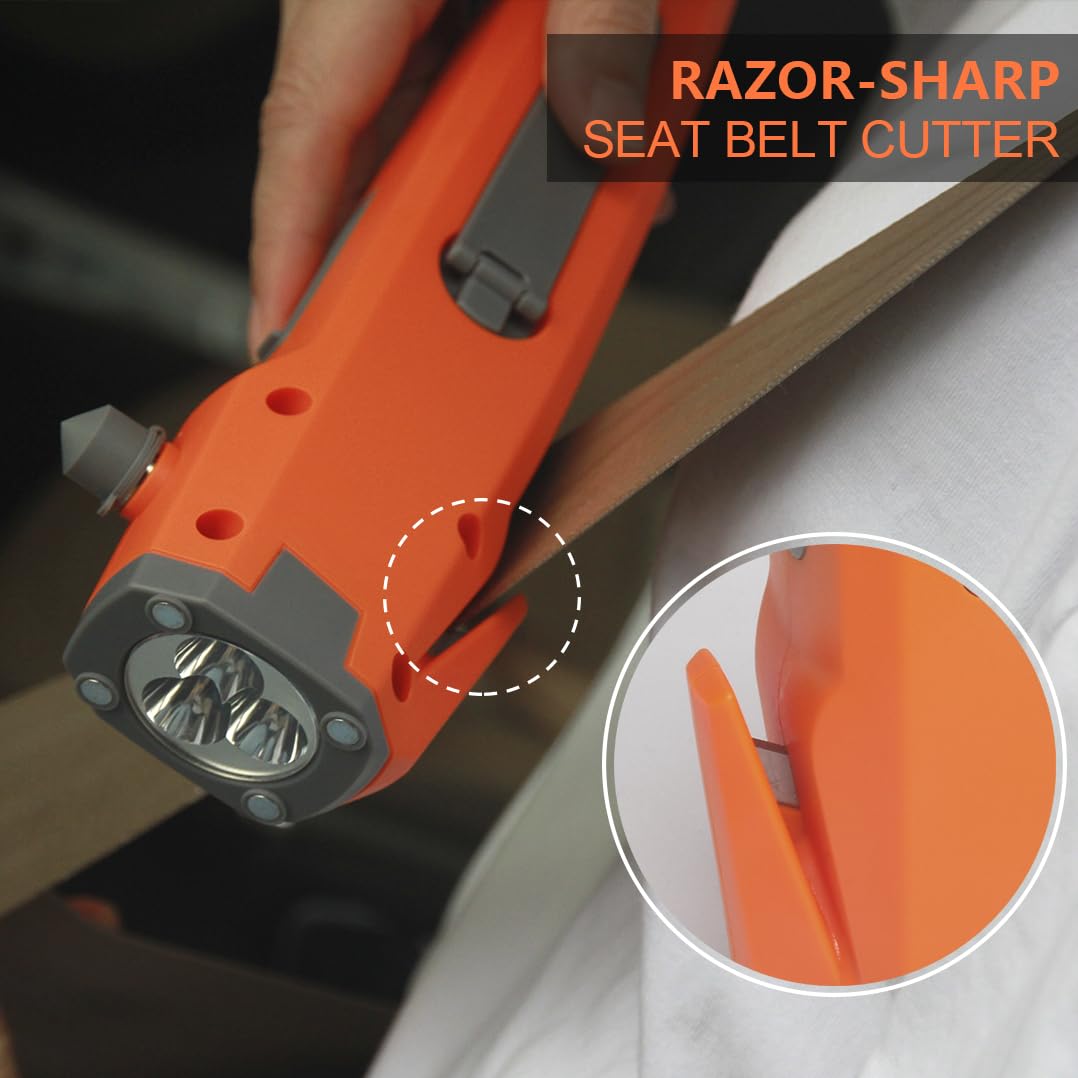 Luxon 7 In 1 Car Emergency Escape Tool: Led Flashlight,Window Breaker,Seat Belt Cutter,Type-C Charger,Sos Light,Hand Cranking Charge,Magnetic,Rechargeable For Vehicle Rescue,Camping, Hiking (Orange)