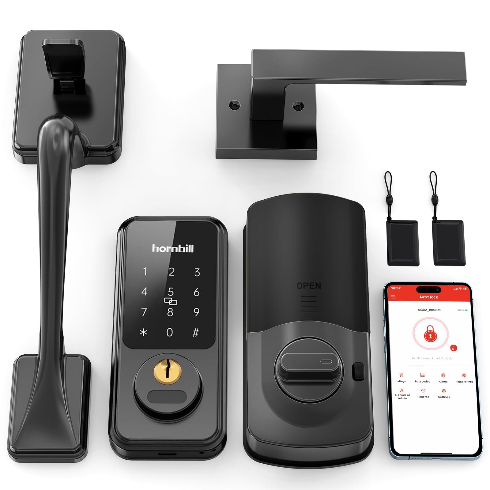 Hornbill Keyless Entry Door Lock With Handle, Smart Front Door Lock Set, Electronic Keypad Deadbolt Lock, Alexa Front Door Handle Set, Digital Lock Via Bluetooth App/Keyfob/Auto Lock-Matte Black