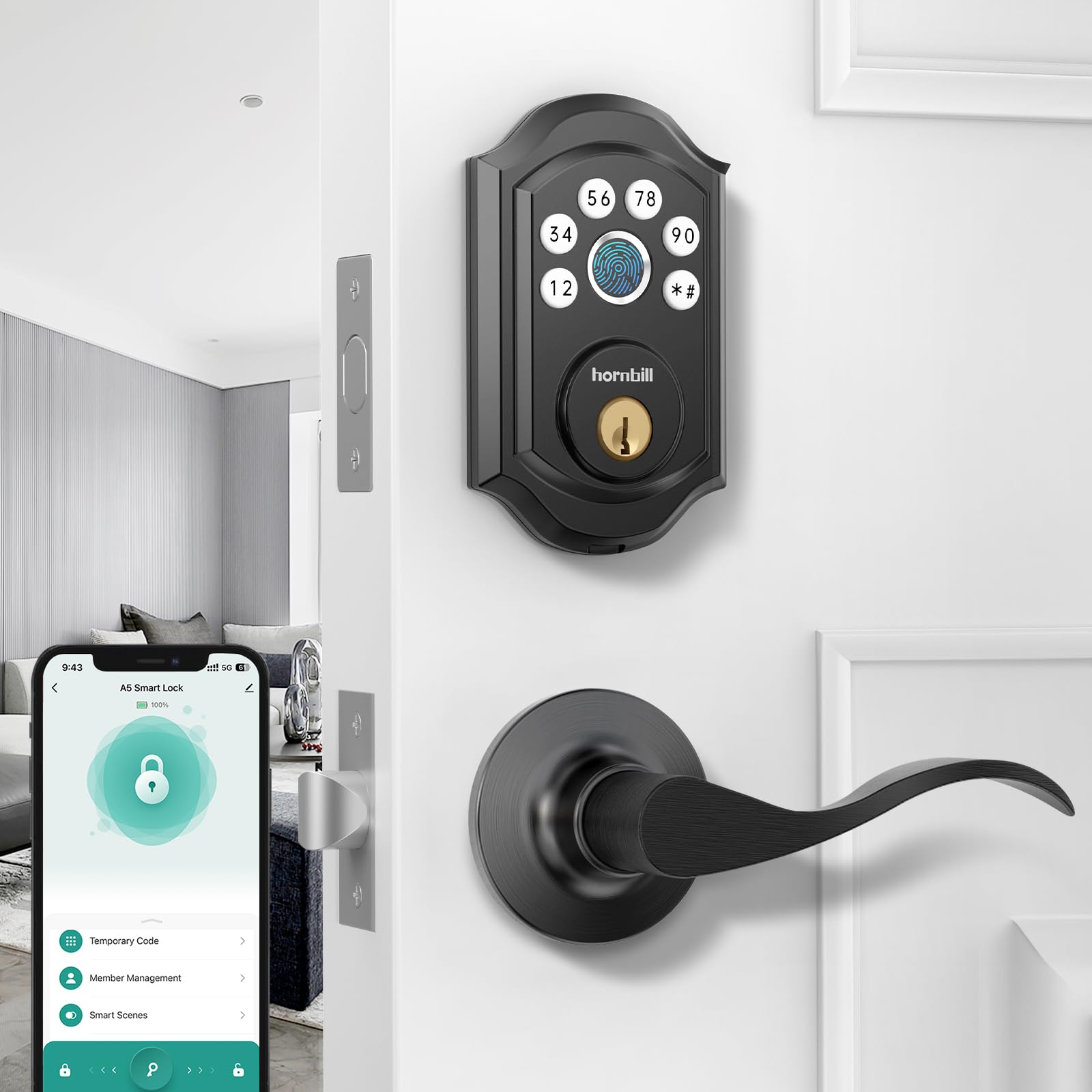 Hornbill Smart Front Door Lock With Fingerprint: Keyless Entry Door Lock With Handle Set Electronic Digital Deadbolt Keypad Lock Code App Alexa Auto For House Apartment Black