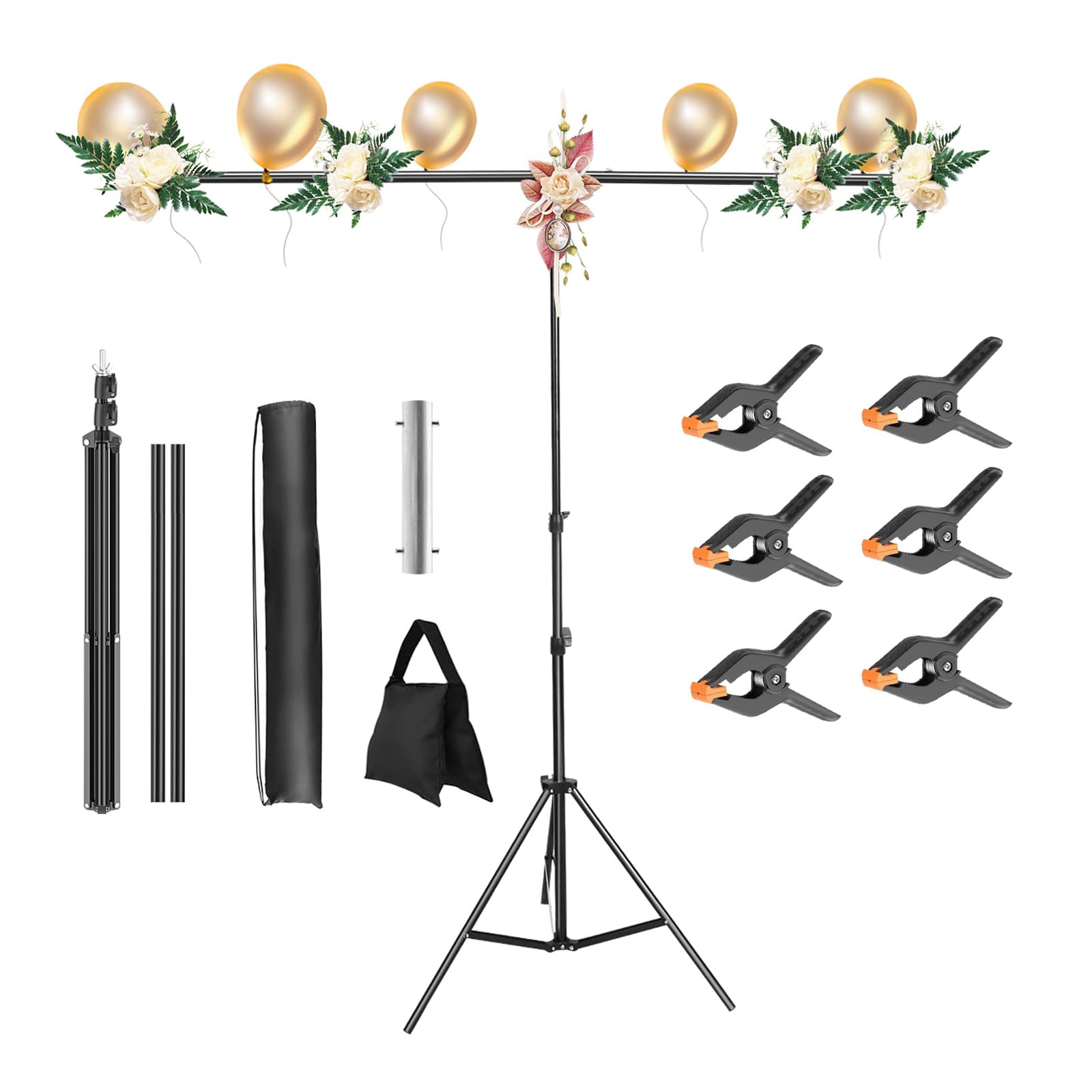 Imountek Backdrop Stand For Party, T-Shape Adjustable Photo Video Studio Photography Background Stand, 5×6.5Ft Photo Backdrop Stand With 6 Spring Clamps Sandbag Carry Bag For Birthday/Party/Wedding