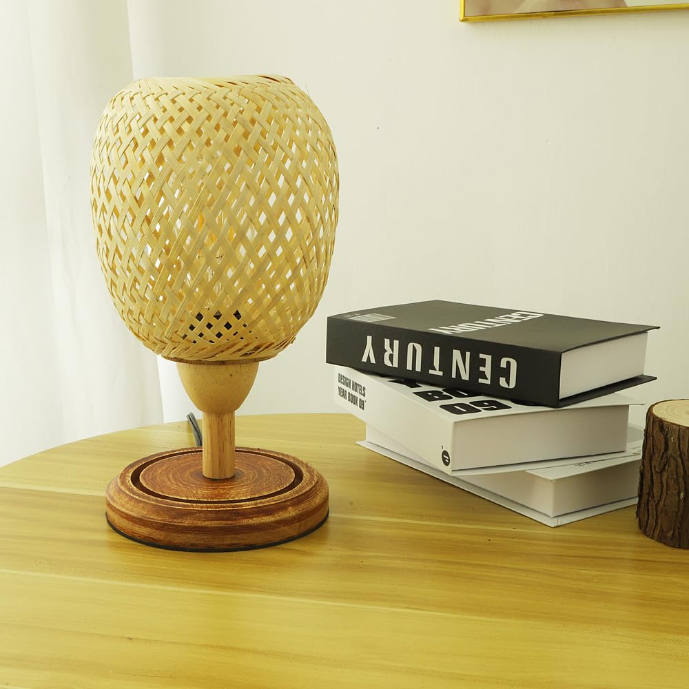 Vintopsh Bamboo Rattan Table Lamp,Boho Farmhouse Bedside Desk Light Fitting For Bedroom Living Room Desk Kids Room