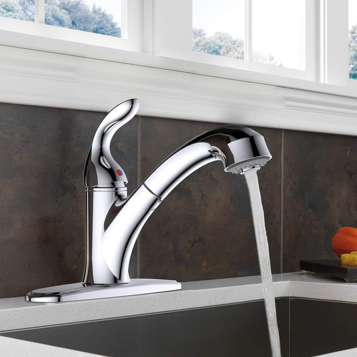 Aquenture Pf6006-Ch 8 Single Handle Pull Out Kitchen Faucet With Easy Install Quicknut Peridot, Chrome