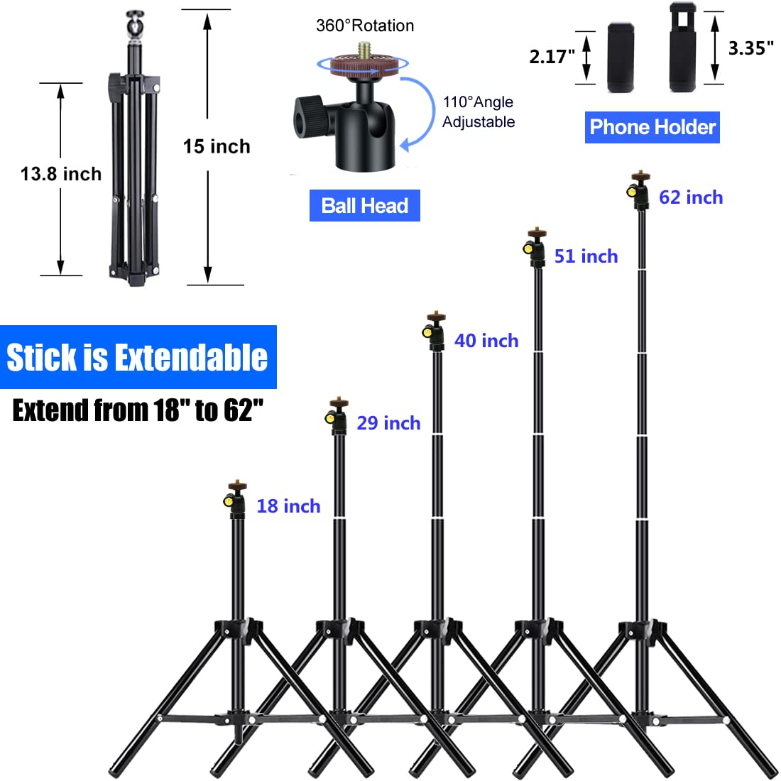 Dayleer Selfie Stick Tripod, 62 Inch Extendable Detachable Selfie Stick Tripod Stand With Remote For Iphone 15 14 13 12 Pro Max Samsung Galaxy S23 S22 S21