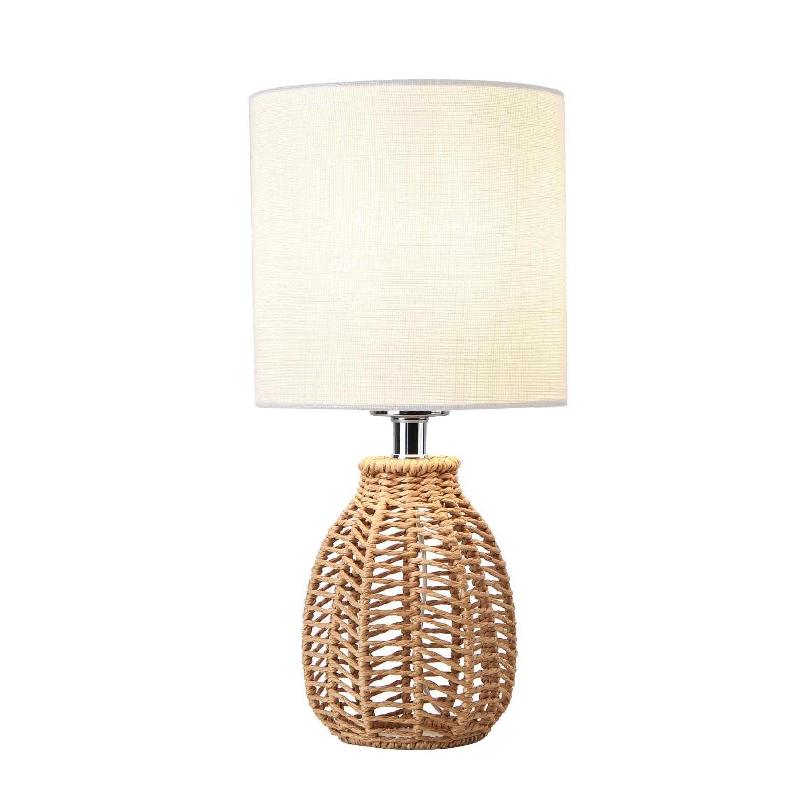 Kunjoulam Rattan Table Lamp With Linen Fabric Shade, Desk And Bedside Lamp For Living Room And Home Office