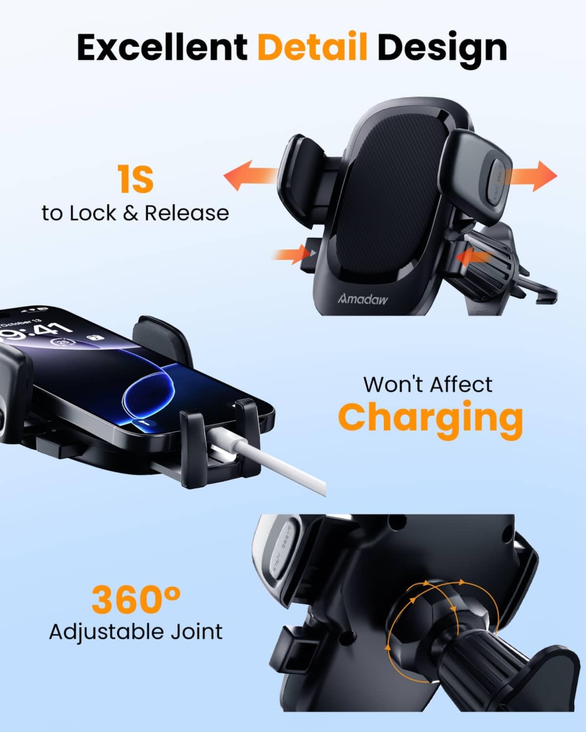 Amadaw  Phone Holder Mount For Car Vent [Design For Big Phone, Thick Cases] [Strongest Hook] Cell Phone Air Vent Mount With 1.62In Widest Clamp For Iphone 16 15 Pro Max All Phones, Silicone Black