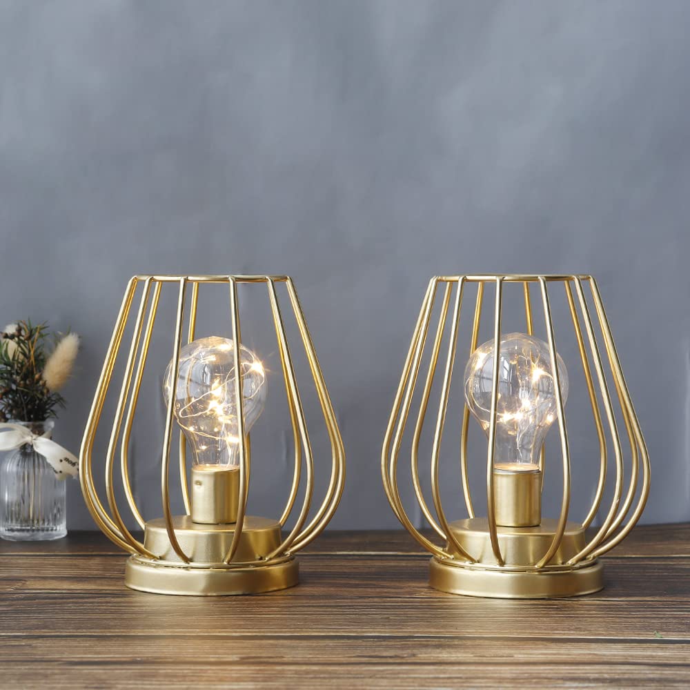 Trirocks Set Of 2 Metal Battery Operated Lamp 7'' Tall Cage Shape Cordless Table Lamp Battery Lanterns With Warm Fairy Lights Bulb For Patio Garden Wedding Parties Indoor Outdoor(Gold)