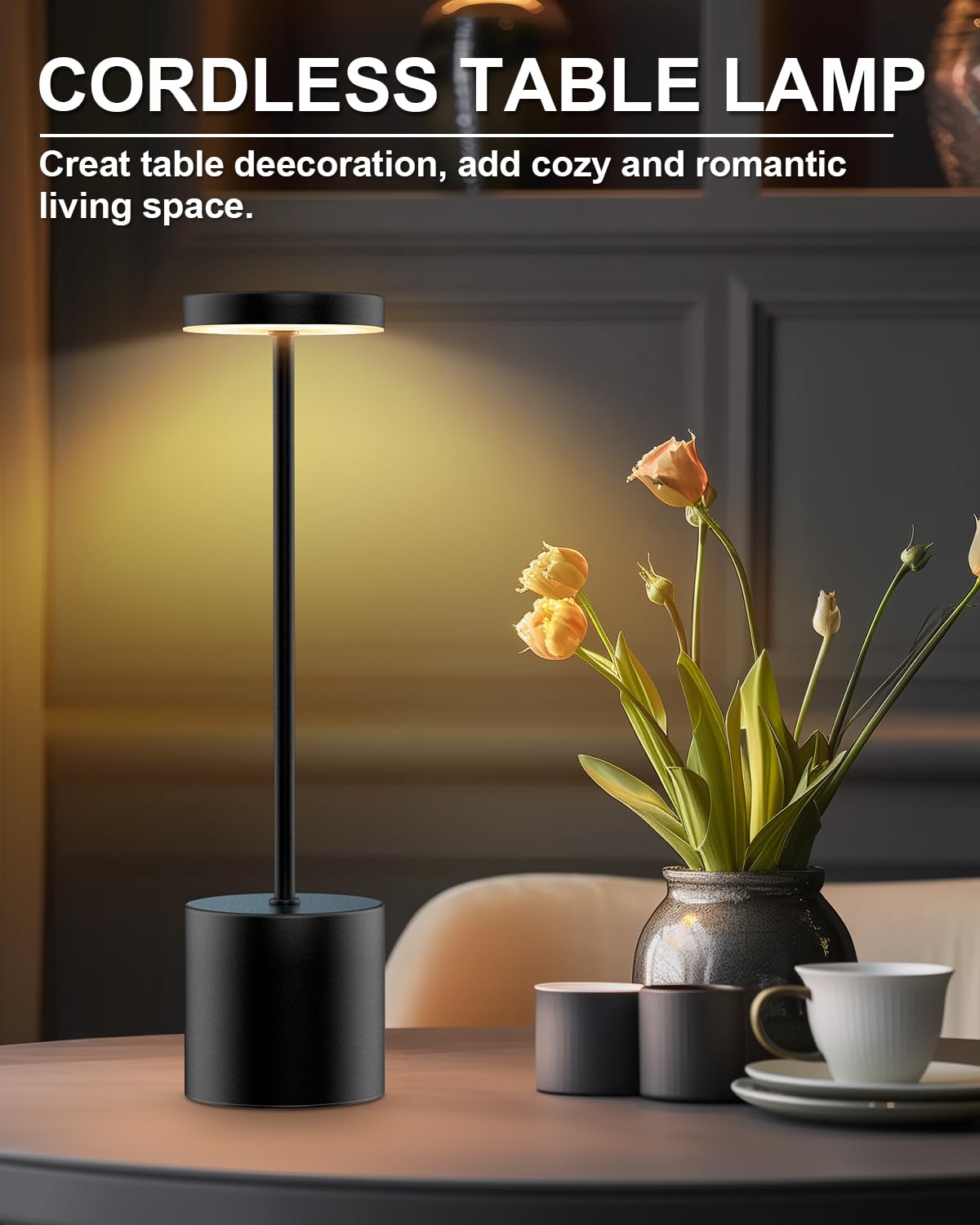 Swinerton Cordless Table Lamp Set Of 2, Rechargeable 5000Mah Battery Powered Outdoor Table Lamps, Portable Led Desk Lamp, 3 Color Dimmable Light For Restaurant, Patio, Bedroom, Bedside Night Lamp(Black)