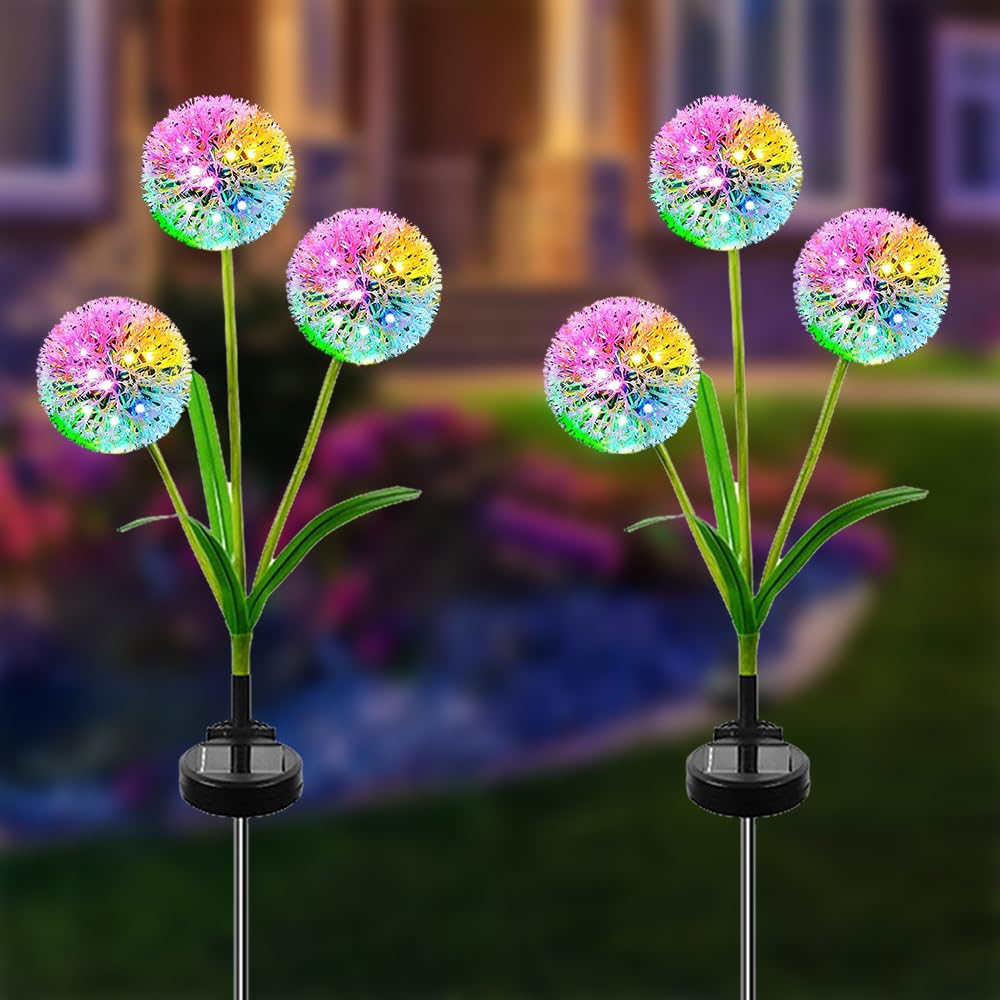 Tboki 2 Pack Solar Dandelion Light, 3-Head Colorful Solar Garden Lights, Outdoor Decor, Ip65 Waterproof, Perfect For Garden, Lawn, Pathway, Christmas Decorations
