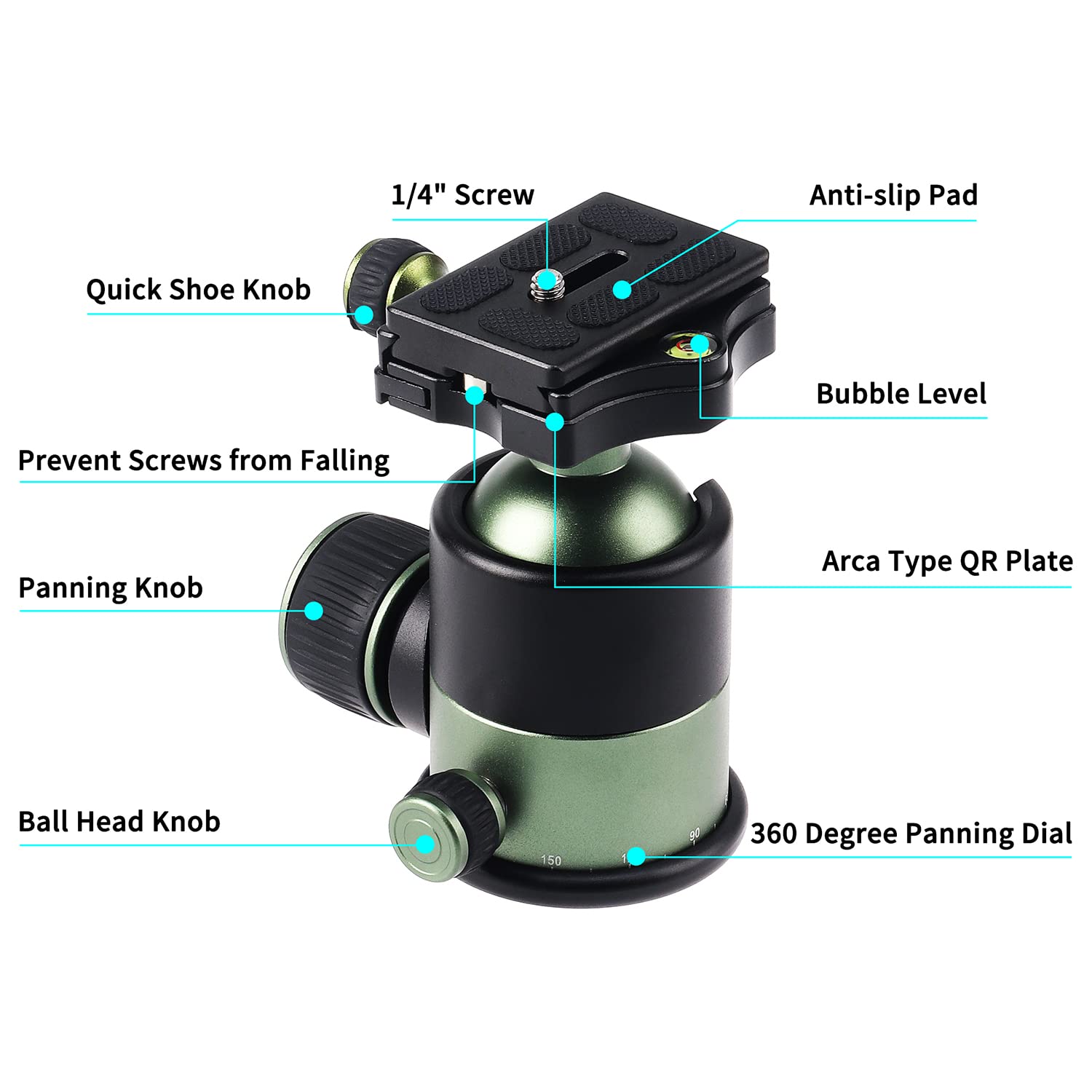 Foeasy Foto4Easy Tripod Ball Head 360 Degree Rotating Panoramic With Arca Type Quick Release Plate,3/8" Threaded For Camera Tripod Monopod, 1/4" Screw For Dslr Camera,Camcorder,Slider Max Loading 44Lbs/20Kg