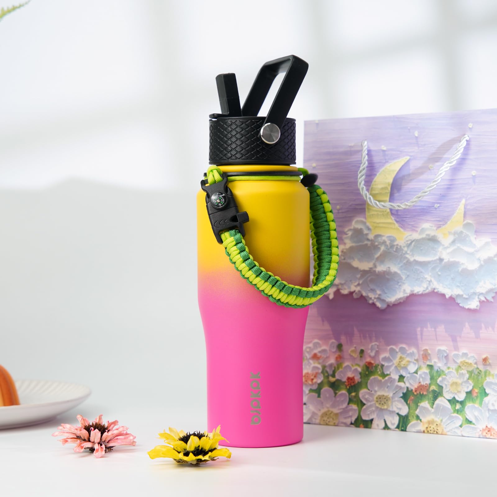 Bjpkpk Insulated Water Bottles With Straw Lid, 40Oz Metal Water Bottle With 2 Lids & Paracord