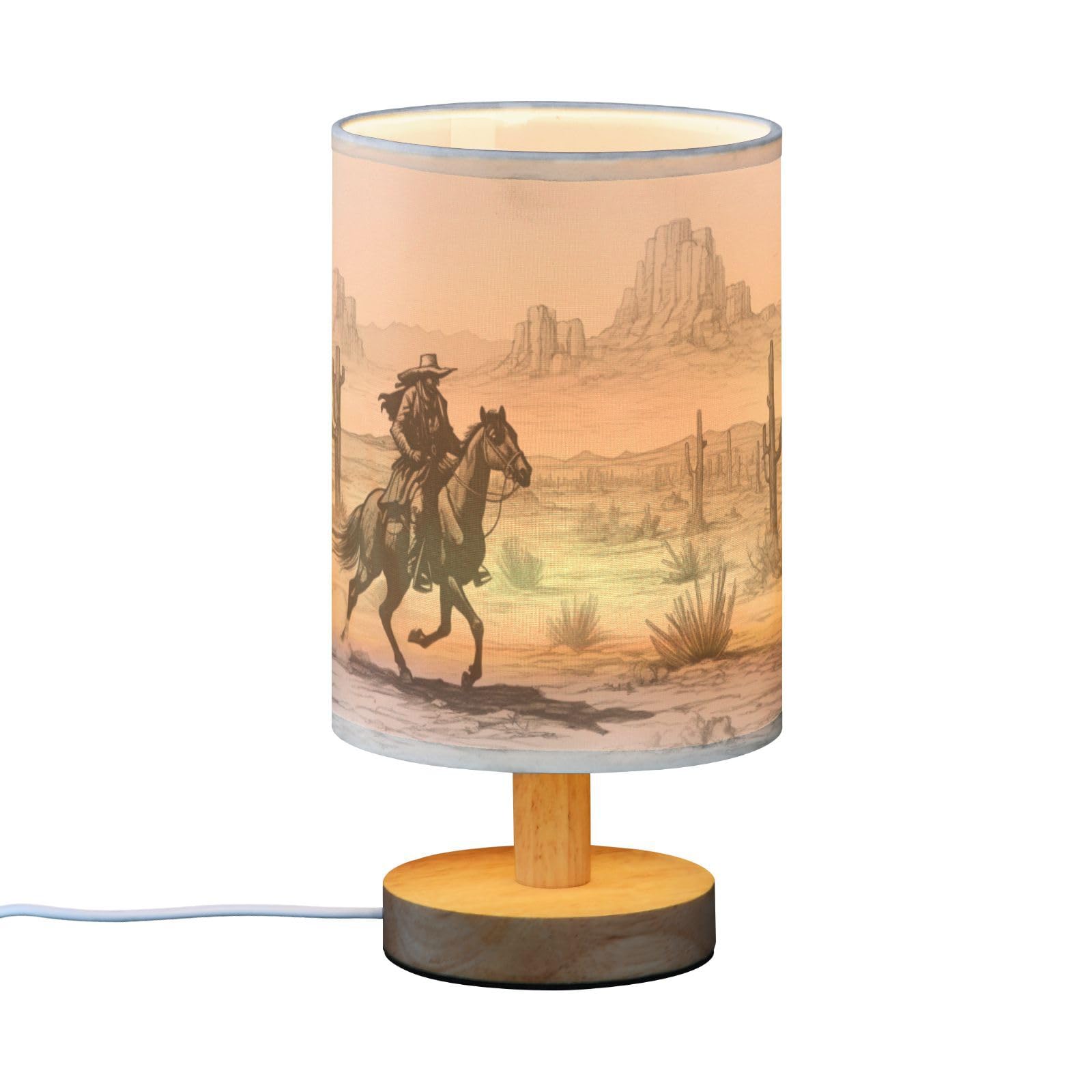 Yegame Western Cowboy Bedside Table Lamp For Bedroom Nightstand, Small Eye Care Led Desk Reading Lamp Usb Port Wood Base Round Flaxen Fabric Shade For For Kids Room Living Room Office Desk