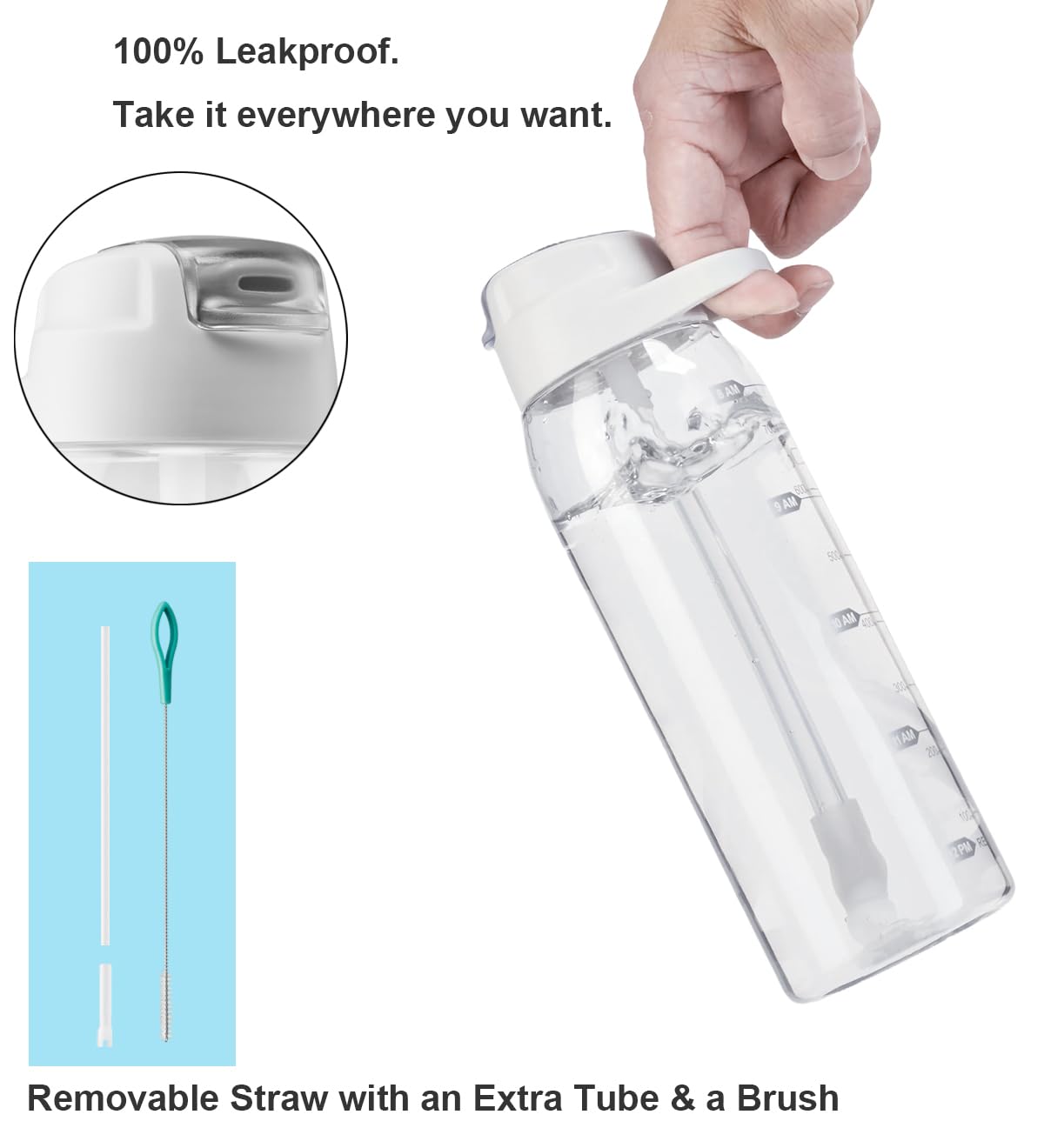 Clear Water Bottle With Straw Tritan With Time Markers, 30Oz Durable Bottle Perfect