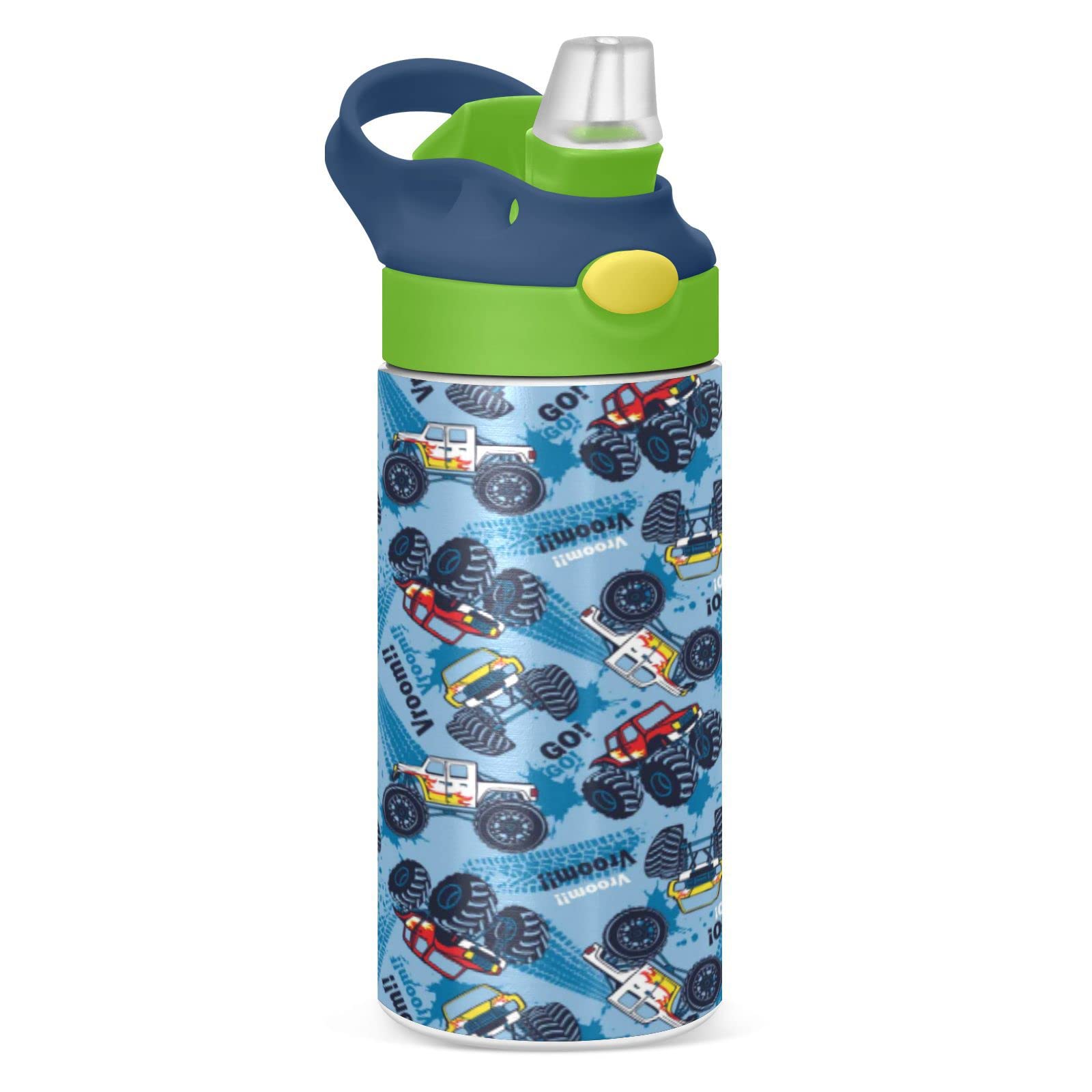 Boccsty Monster Truck Cars Seamless Pattern Kids Water Bottle With Straw Lid Insulated Stainless