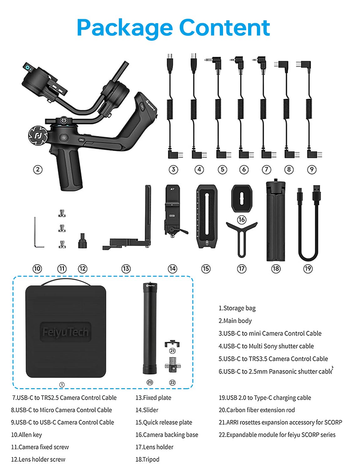 Feiyutech Scorp 2 [Combo]: Camera Gimbal Stabilizer + Poratble Bag+Arri Rosettes Gear+Carbon Fiber Bar,Built-In Ai Tracker,1.3'' Touch Screen,For Sony/Canon/Nikon/Fujifilm Mirrorless&Dslr Camera