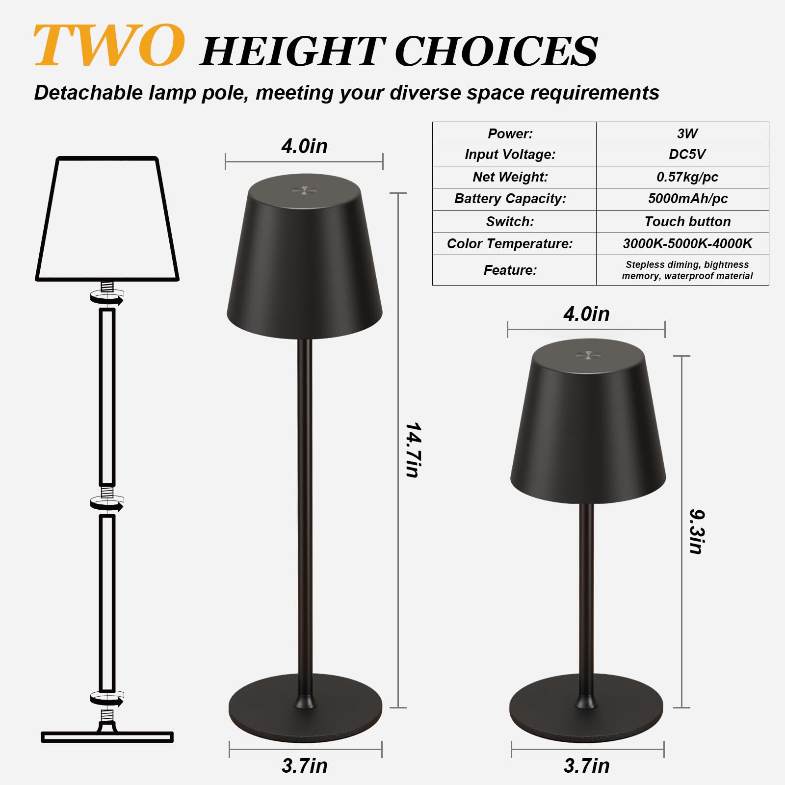 Kakanuo Cordless Table Lamp Rechargeable Black - Kk 2 Pack 5000Mah Battery Operated Lamp For Counter, 3 Color Stepless Dimming Waterproof Led Wireless Lamp For Dining Kitchen, Outdoor Patio, Touch Control