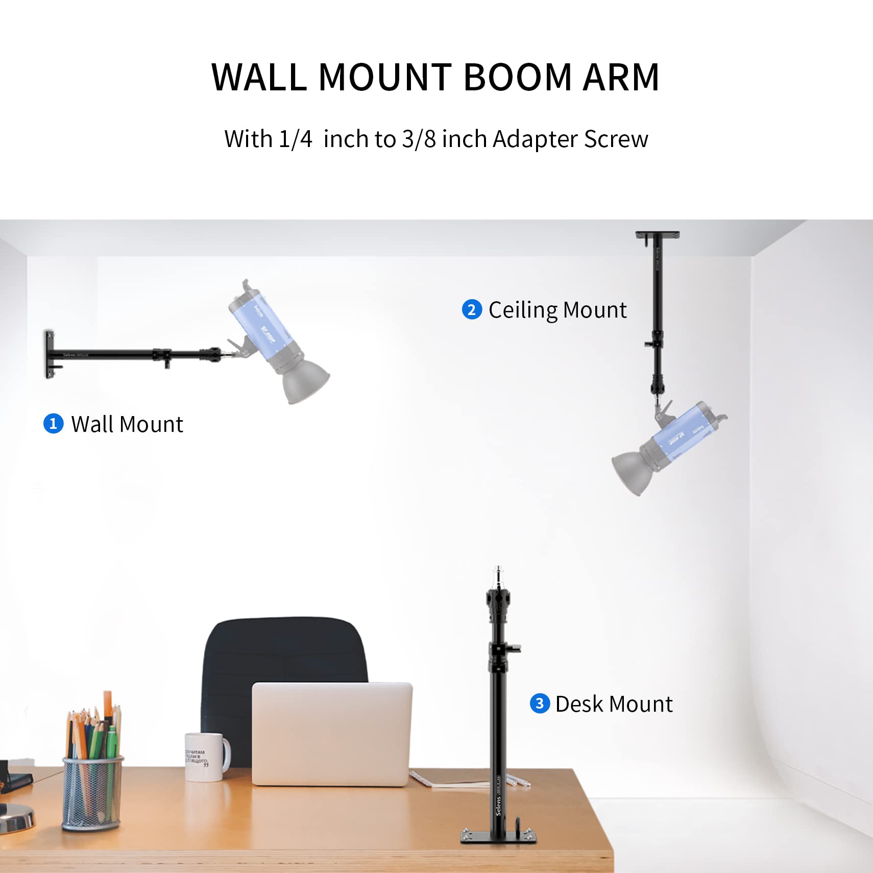 Meking Selens Photography Studio Wall Mount, Camera Wall Ceiling Mount Boom Arm Up To 22" For Photo Video Monolights, Umbrellas, Reflectors, Overhead With 3/8" 1/4" Thread