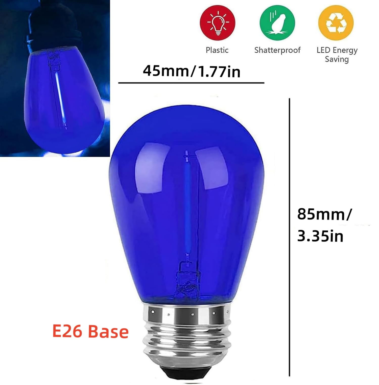 Minsily Sxminer 15 Pack S14 Led Bulbs Blue Christmas Replacement Bulb 1W Led String Light Bulb Led Edison Bulbs E26 Base Plastic Shatterproof Decorative Bulbs For Outdoor String Lights Home Patio Decor(Blue)