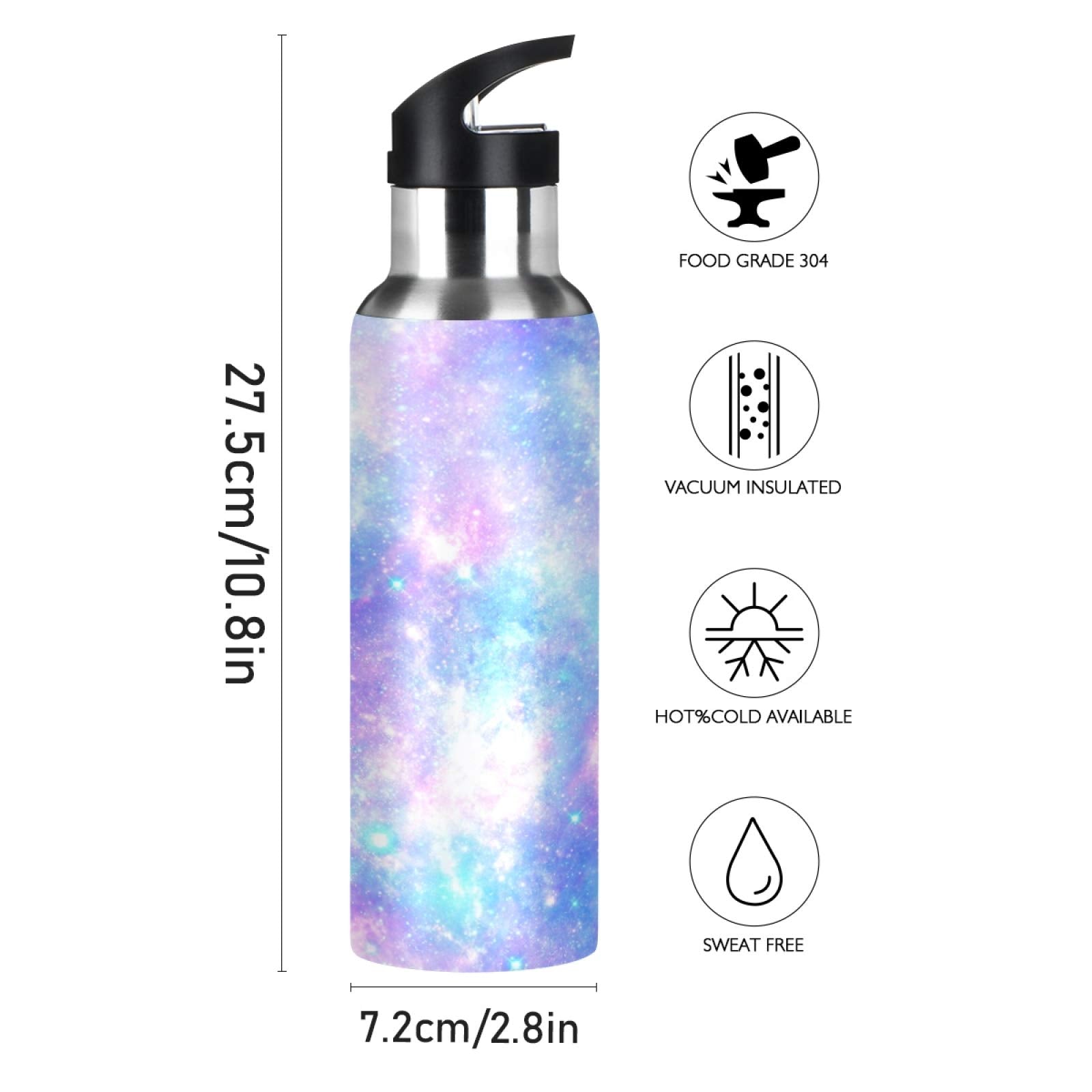 Galaxy Rainbow Star Tie Dye Sport Water Bottle With Straw, Vacuum Insulated Stainless Steel Thermal