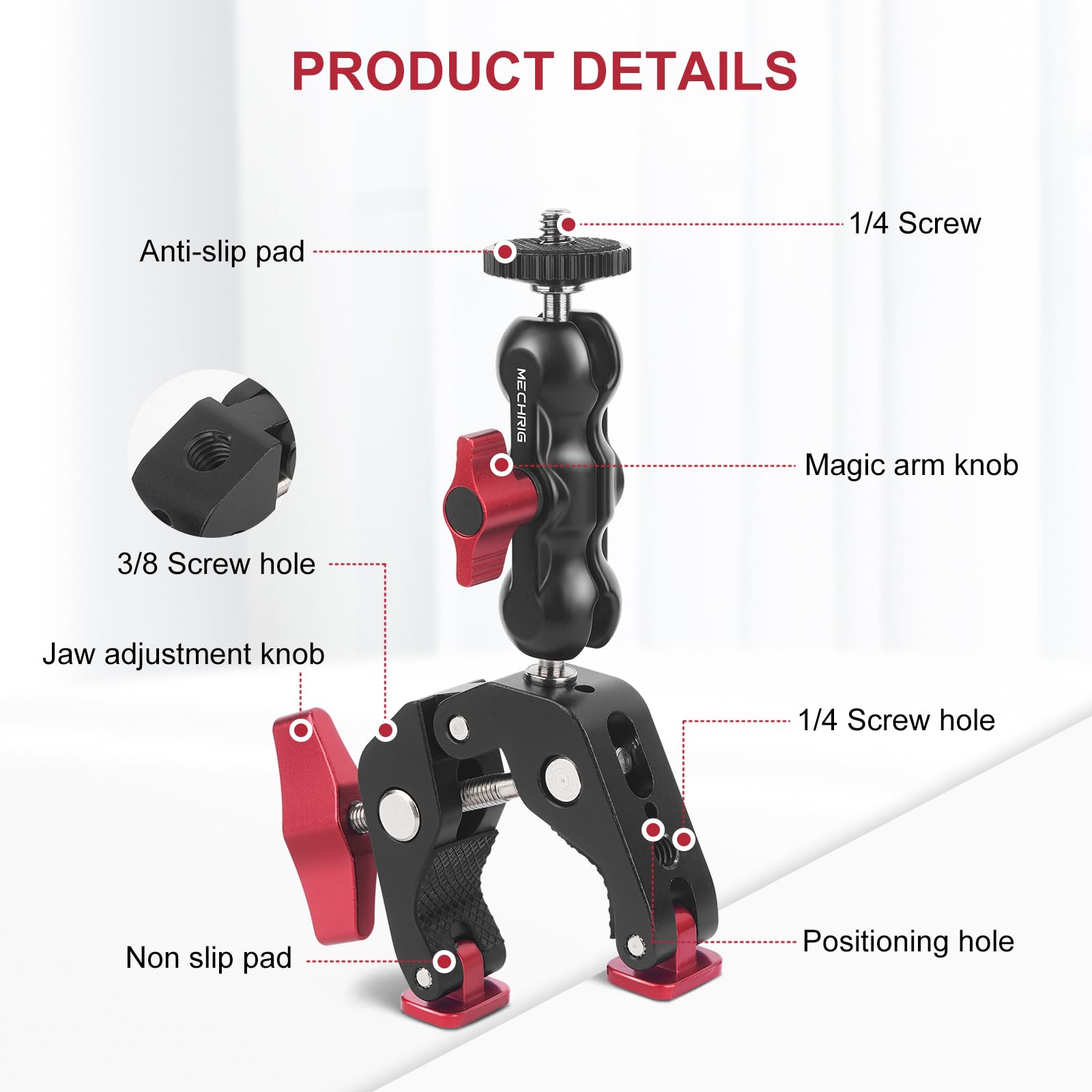Mechrig Camera Mount Clamp, Super Clamp With Dual Ballhead Magic Arm For/Phone Holder/Tripod Mount Adapter - 1/4" & 3/8" Holes,360°Adjustable For G0Pro,Phone, Microphone,Monitor And Light Jc009
