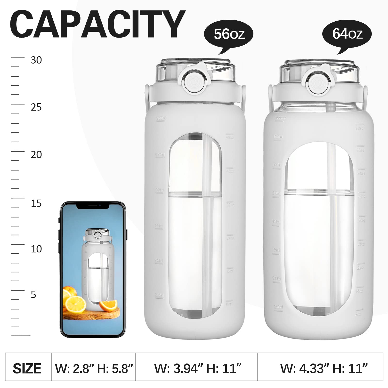 Bluego 64Oz Glass Water Bottles With Straw Time Marker Half Gallon Large Motivational Water Bottle
