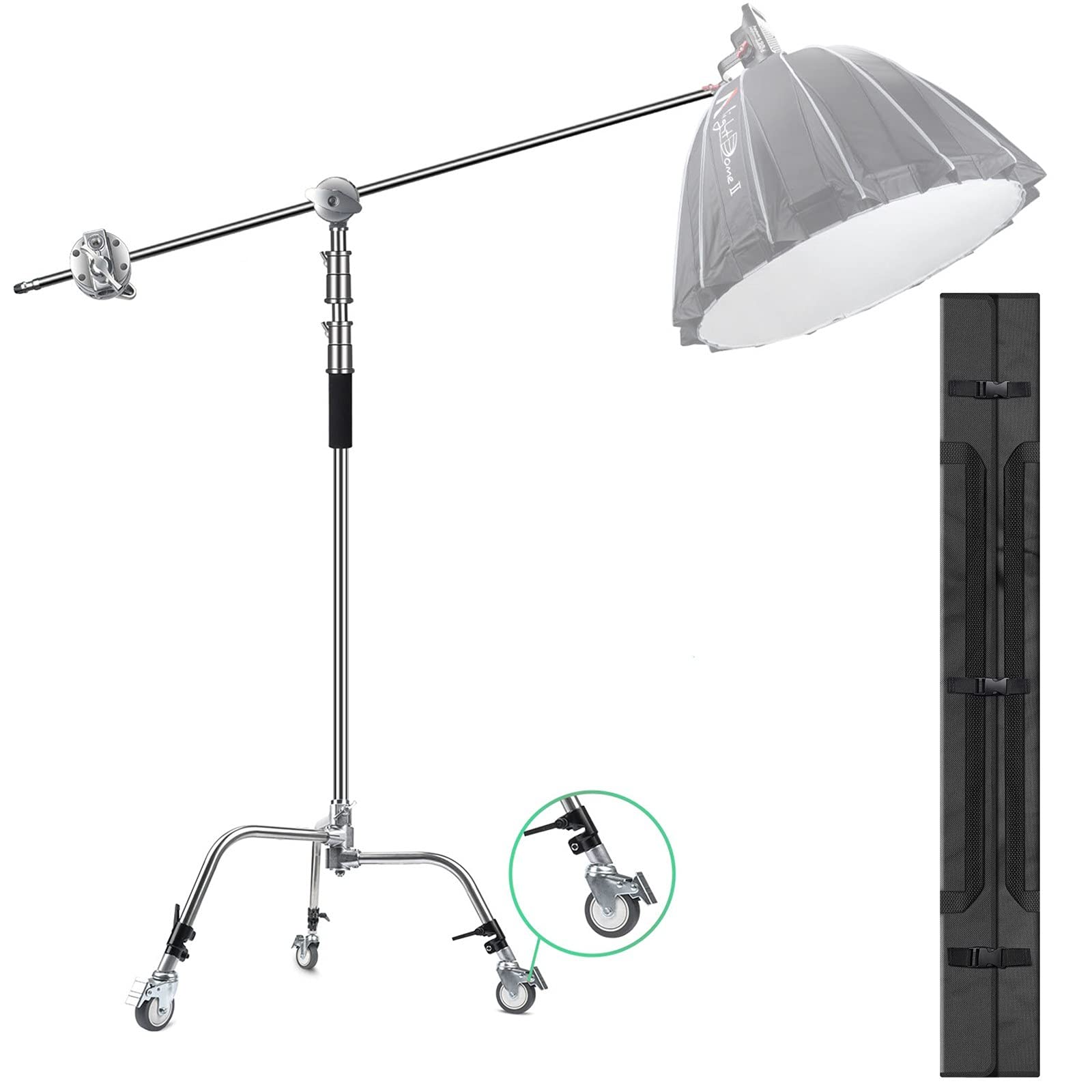 Eachshot C Stand Metal With Bag Wheel Max 10.8Ft/330Cm With 106Cm Holding Arm 2 Pieces Grip Head For Godox Ad400 Pro Ad600 Pro Ad600Bm Aputure 120D 300D Ii For Photography Studio Video Monolight