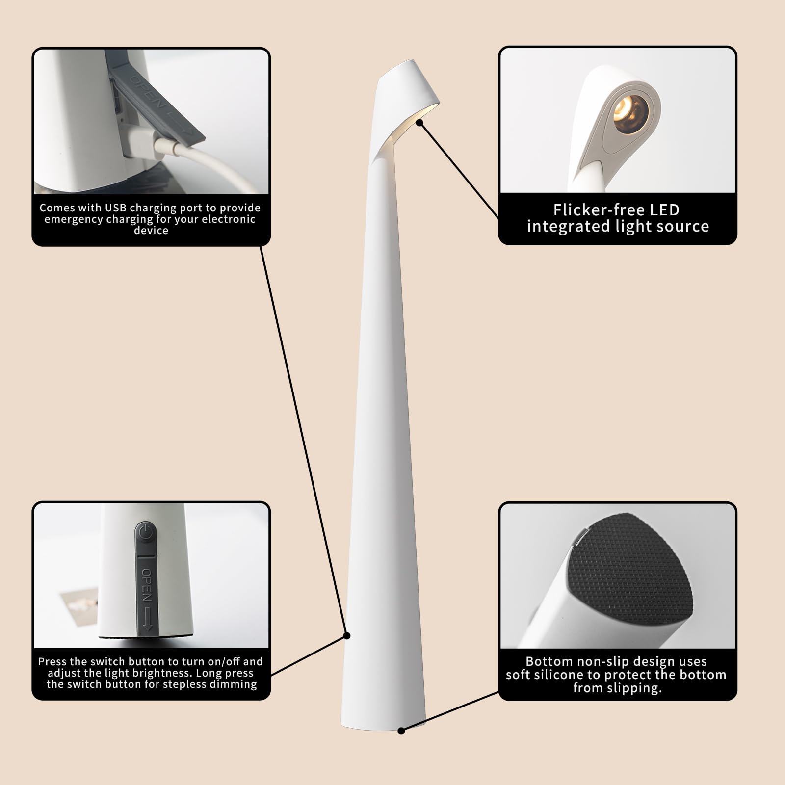 Chloranthus Cordless Table Lamp, 3 Level Brightness Portable Battery Operated Lamp, Rechargeable Battery Led Table Lamp For Restaurant/Coffee Shop Night Light/Bars/Bedroom/Camping/Outdoor Party