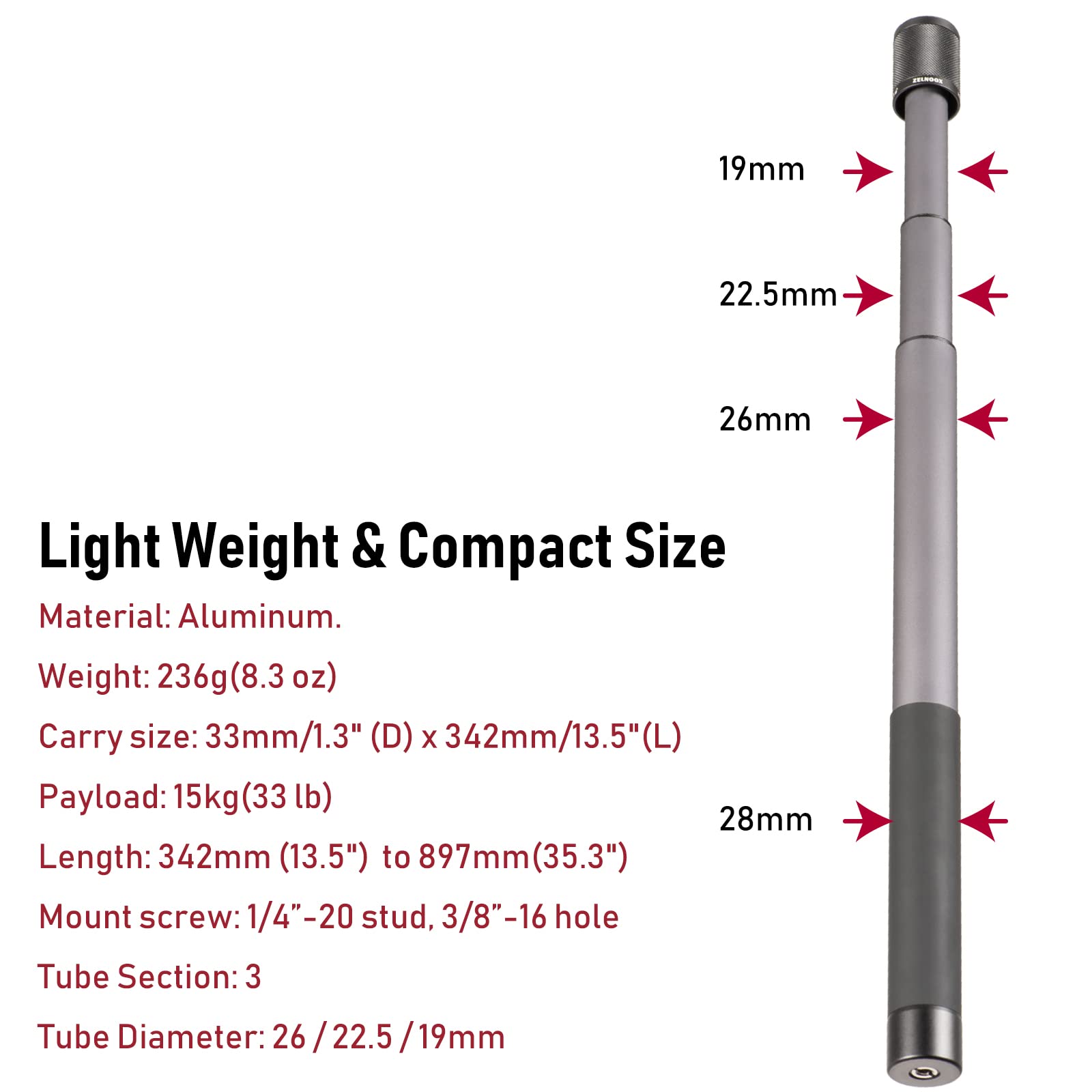 Zelnoox Gimbal Extension Pole,Lightweight And Strong 3 Section Camera Extension Pole Universal Compatible With Digtital Camera Iphone Smartphone Gimbal Stabilizer Camera Pole, Grey And Black