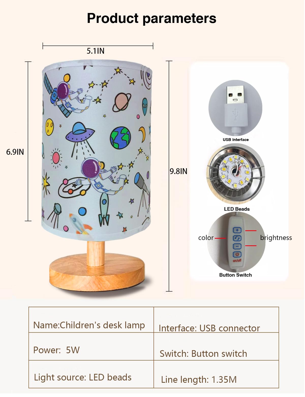 Gftdns Astronaut Kids Table Lamp, Astronauts Room Decor For Boys,3 Level Dimmable Wood Nightstand Desk Base Flaxen Fabric Shade For Bedroom Living Room,Astronauts For Boys