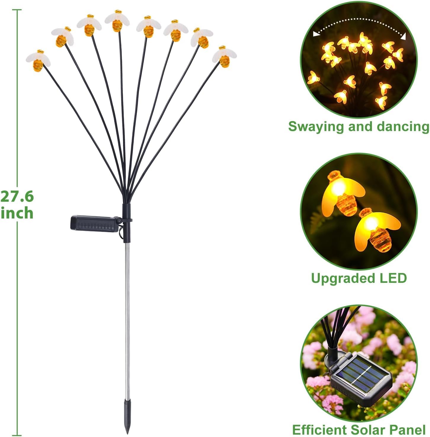 Hflyjpyw Solar Garden Lights - 2 Pack 16Led Solar Bee Firefly Lights With 2 Lighting Mode, Sway By Wind, Waterproof Solar Decorative Outdoor Lights For Yard Patio Walkway Decoration, Warm White