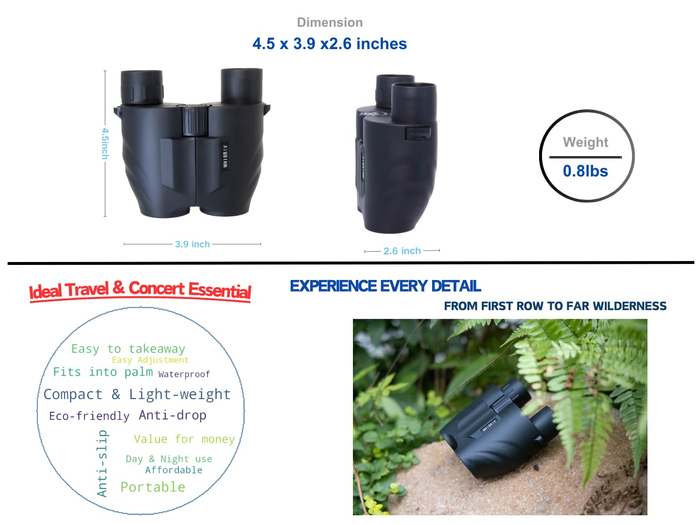 Whisriv 10X25 Compact Binoculars For Adults, Large Eyepiece, Wide Field Of View, Long Eye-Relief, Easy Focus, Fmc, Ideal For Travel, Sports, Bird Watching, Football, Outdoor Activities