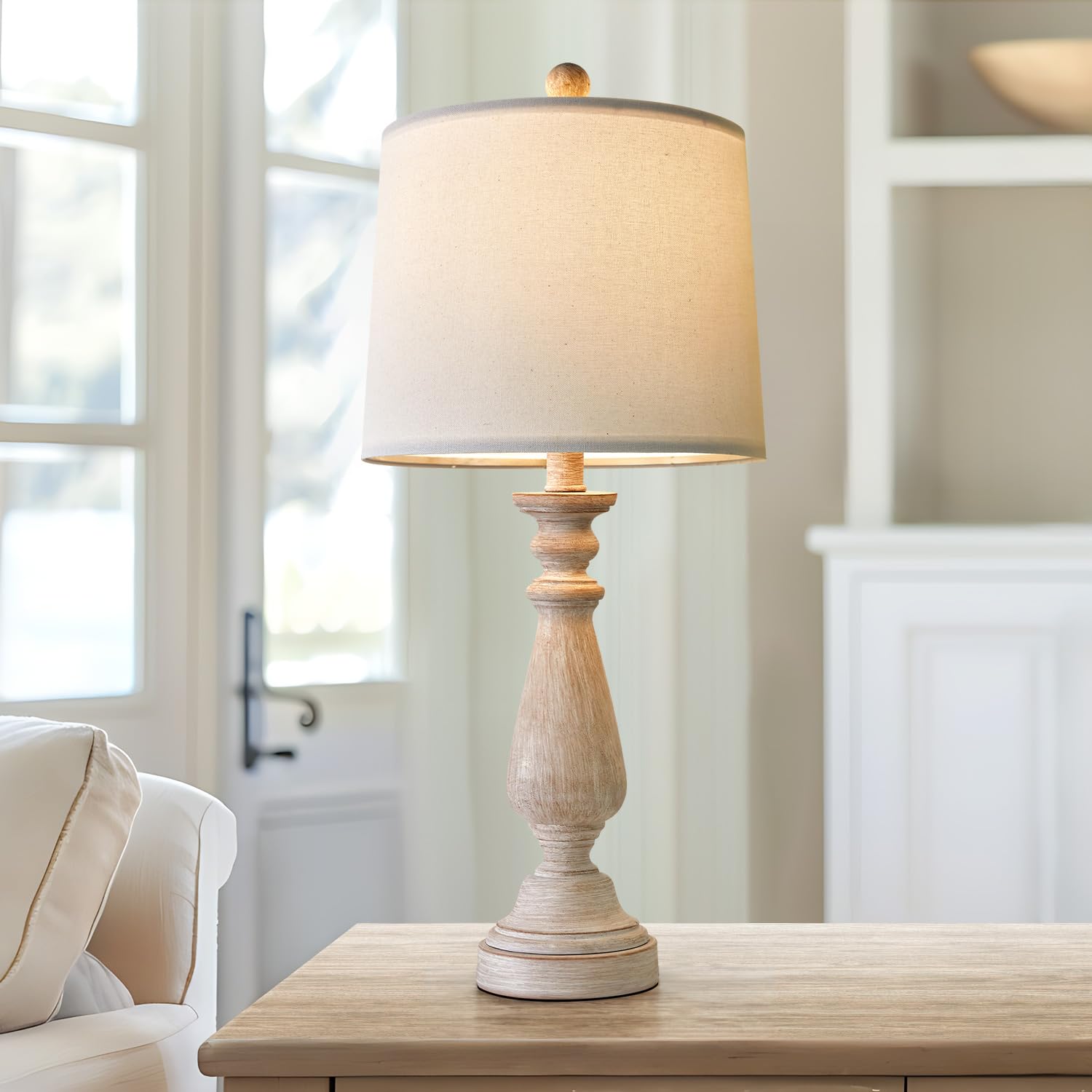 Portres 24.5" Mid Century Single Table Lamp For Living Room Farmhouse Linen Bedside Lamps For Bedroom Kids Room Dorm Office Rustic Lamps For End Table Nigntstand Resin
