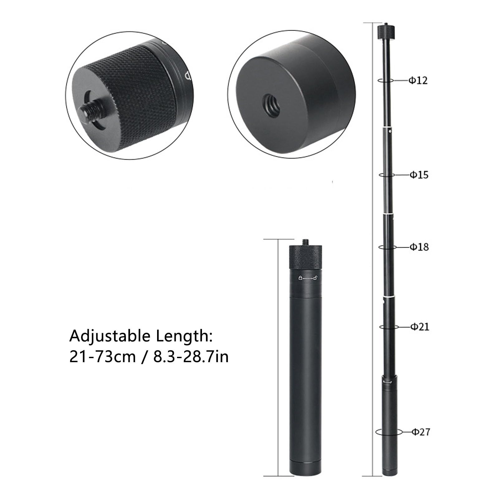 Acouto Lightweight 4 Sections Aluminum Alloy Extension Rod With 1/4 Inch Screw For Feiyu Stabilizers 21-73Cm Adjustable Length Anti Slip Handle Expandable Tripod Thread