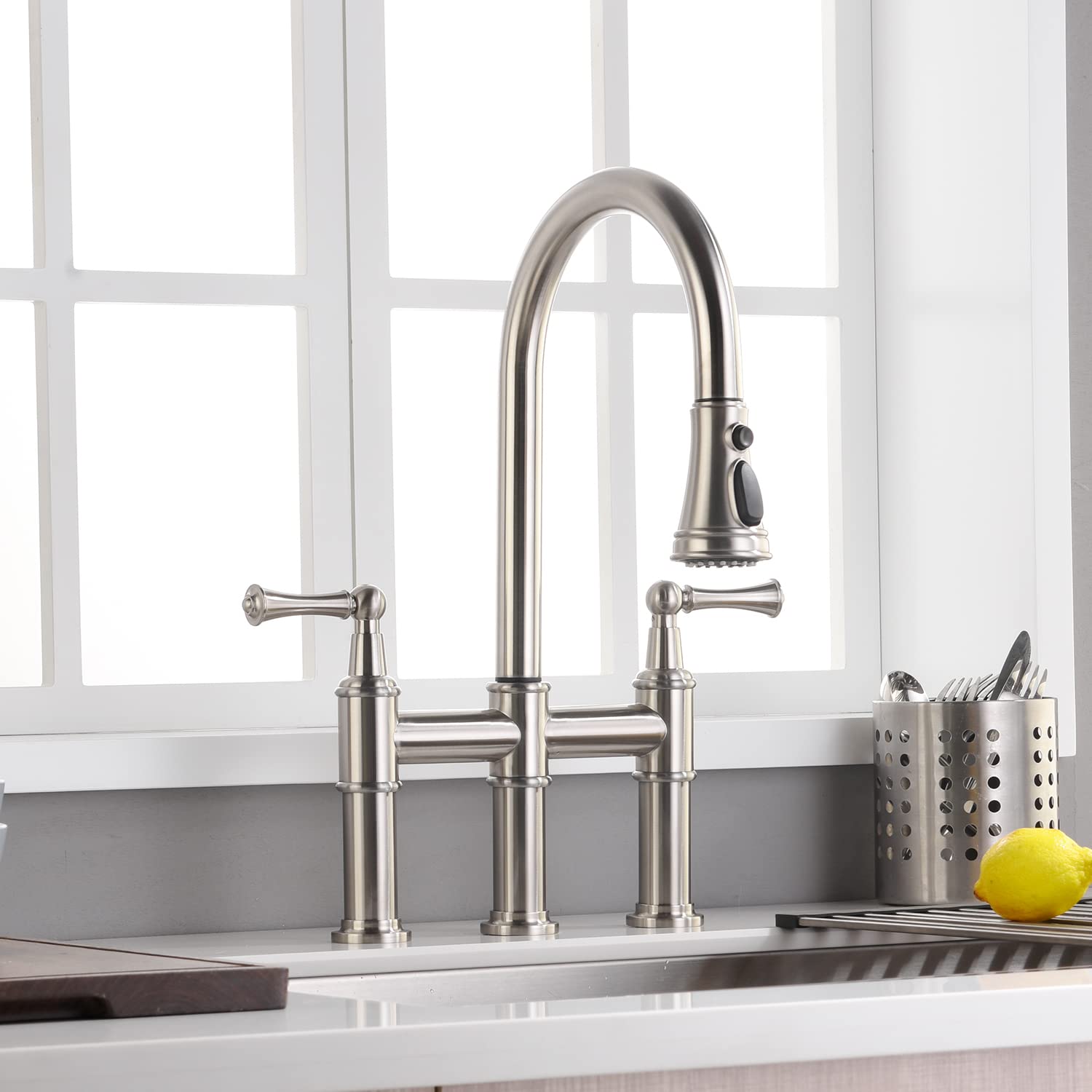 Arrisea Heritage Bridge Kitchen Faucet With Pull-Down Sprayhead 2 Handle 8 Inch Faucet For Kitchen Sinks 3 Hole Install Kitchen Sink Faucet Fingerprint Resistant Spot  Brushed Nickel