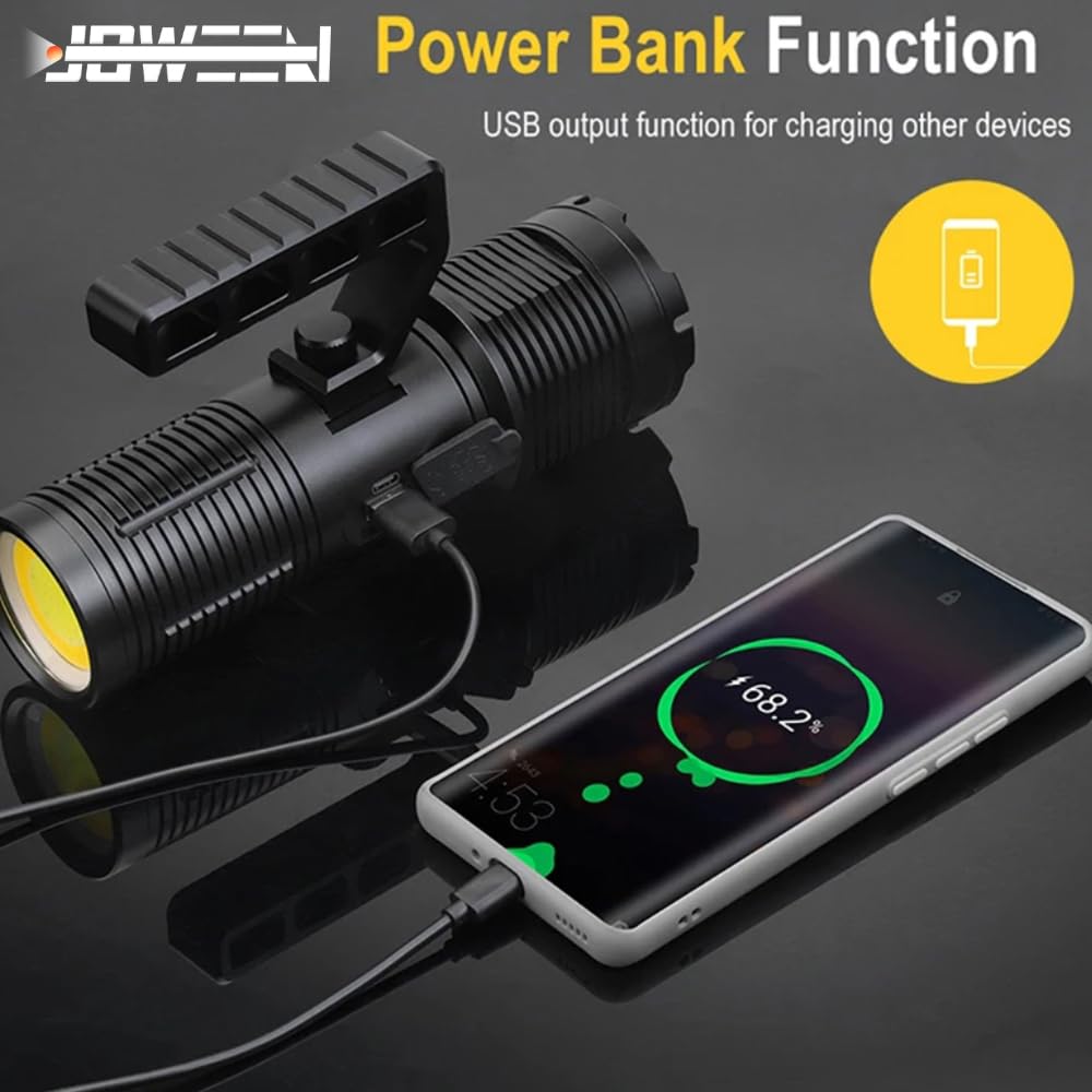 Ijoween 7018 Handheld Rechargeable Led Flashlight, Super Bright Torch With High Lumen,11 Light Modes, 4 Batteries Of 10400Mah With Power Bank Function