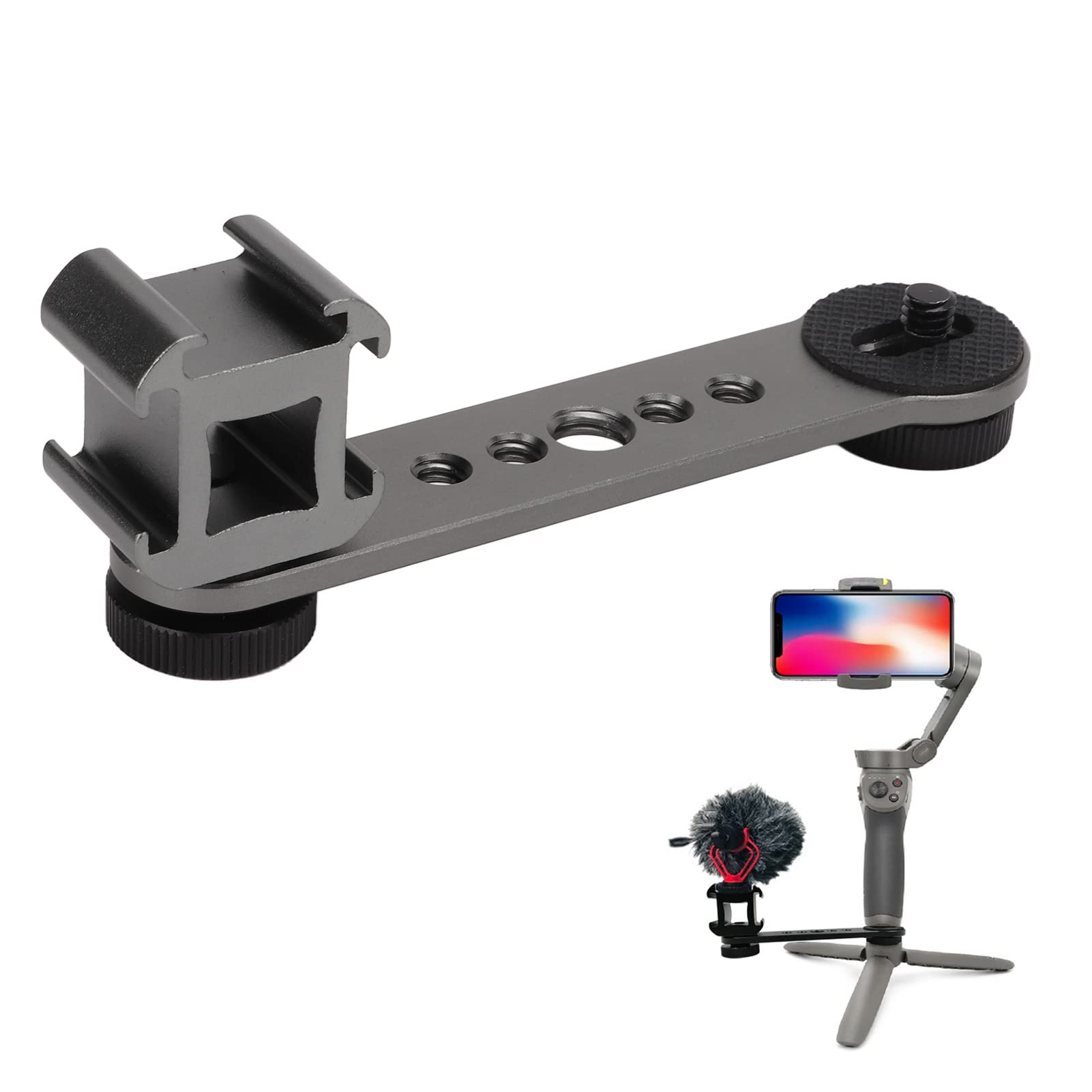 Hilitand Triple Cold Shoe Mount, Gimbal Microphone Light Extension Bar Bracket Aluminium Alloy With 1/4In And 3/8In Screw Holes For Dji Om 3/2, For Zhiyun Smooth 4, For Feiyu Gimbal Stabilizer(Dark Gray)