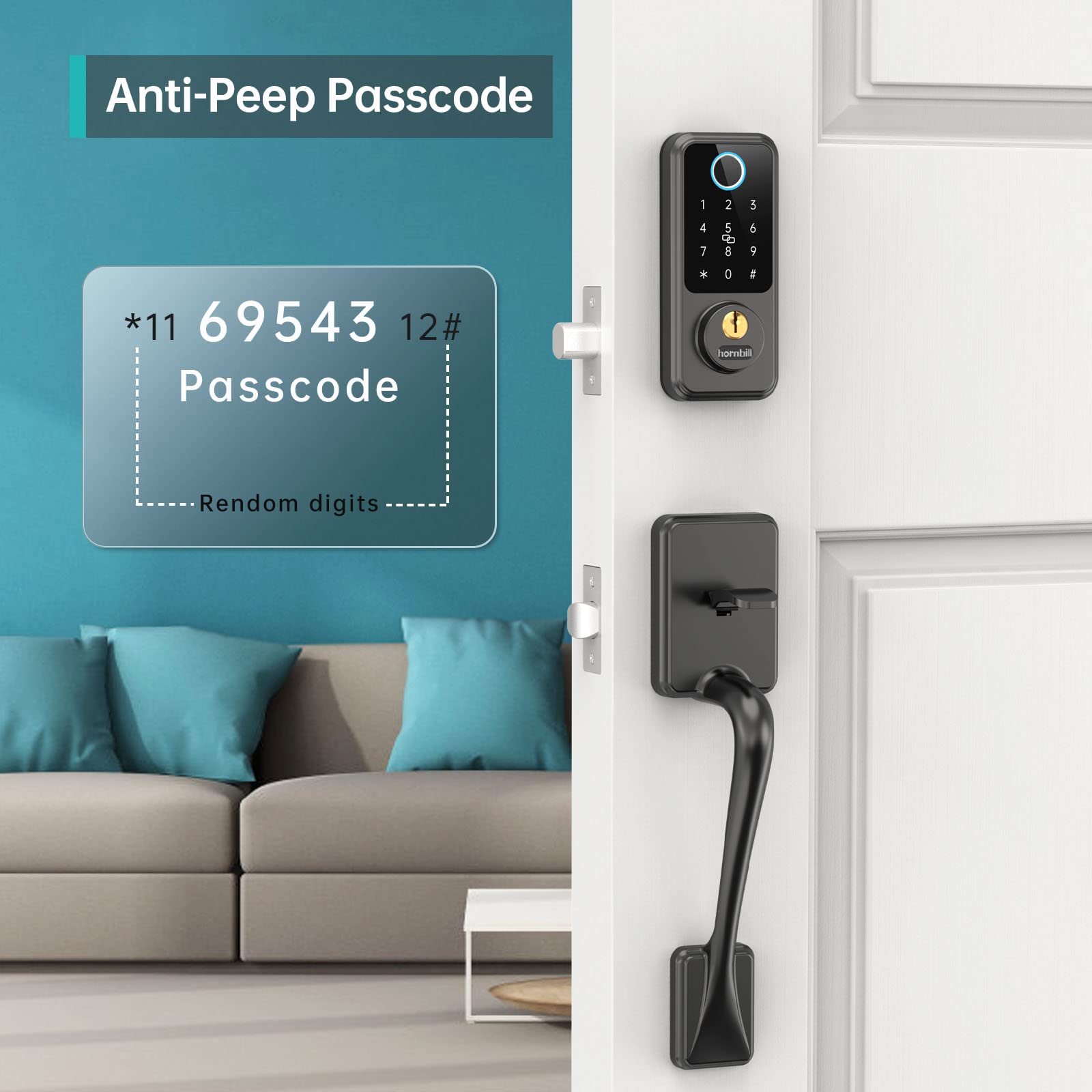 Hornbill Smart Lock Front Door - Keyless Entry Door Lock With Handle Set, Smart Deadbolt For Front Door, Bluetooth Fingerprint Biometric Auto Lock For  House, Airbnb, Office, Appartment