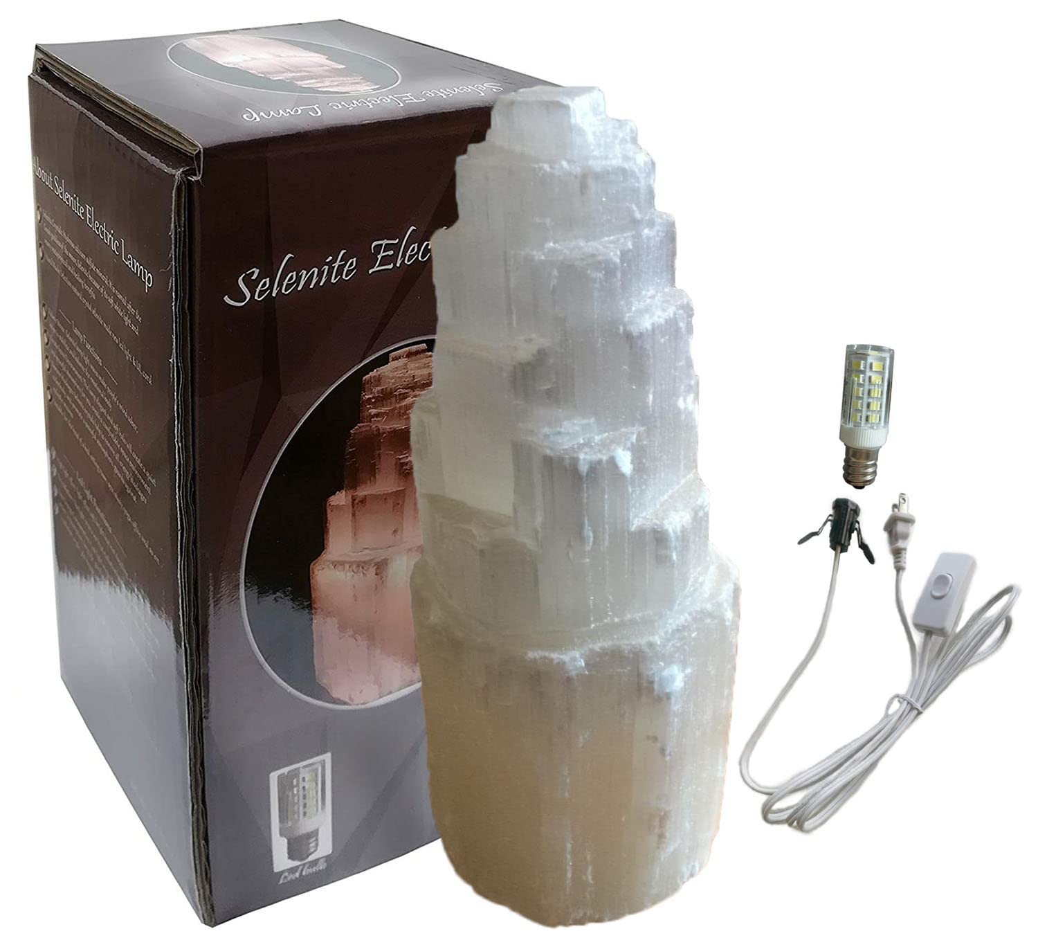 Jic Gem Natural Selenite Lamp 8" White Selenite Crystal Rock Lamps With Switch Cord And Bulb