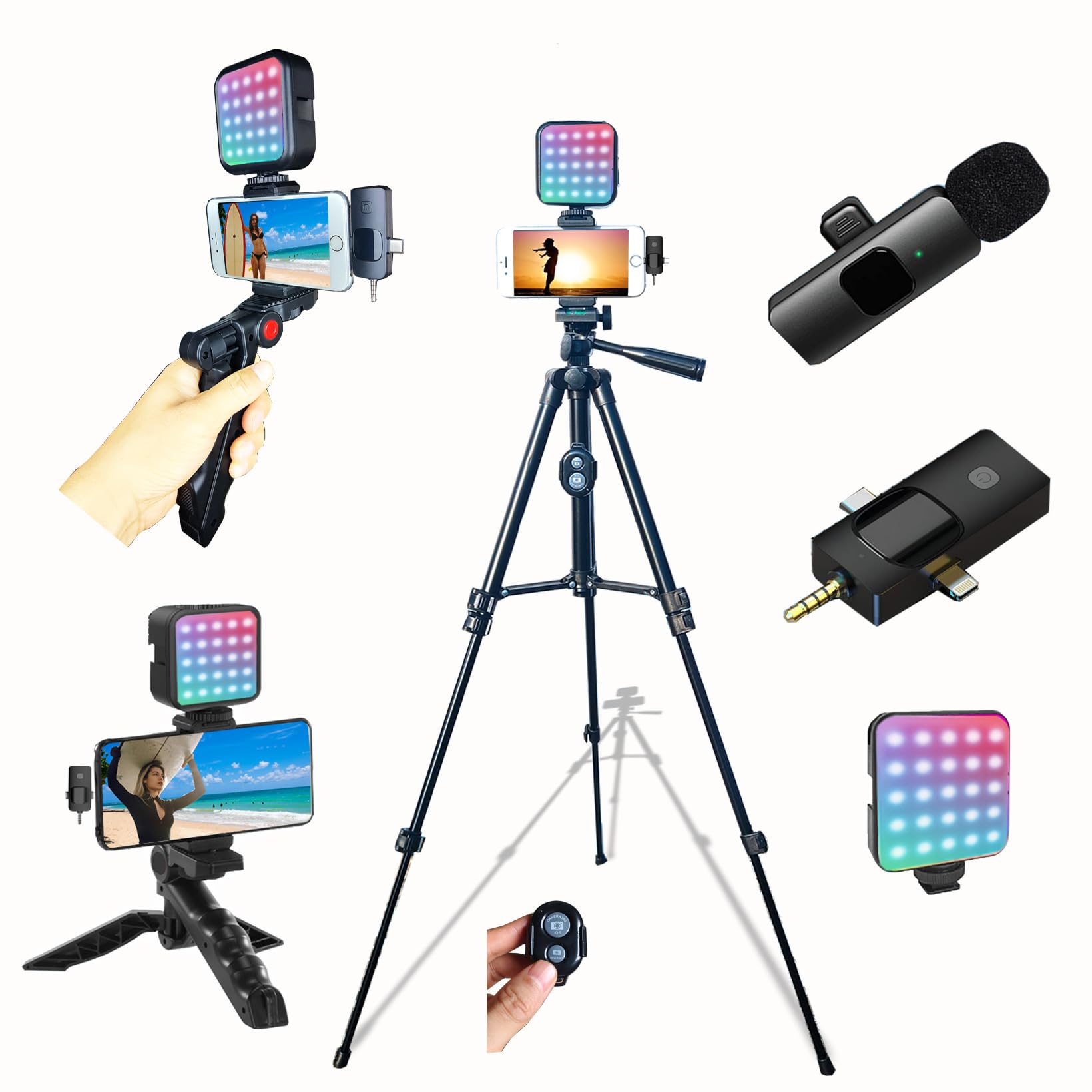Carrotech For Iphone Vlogging Kit, Vlogging Kit For Andriod Phone With Two Tripods Rgb Light Lavalier Microphone Remote For Youtube Tiktok Content Creator (Total Height 20 In To 50 In)